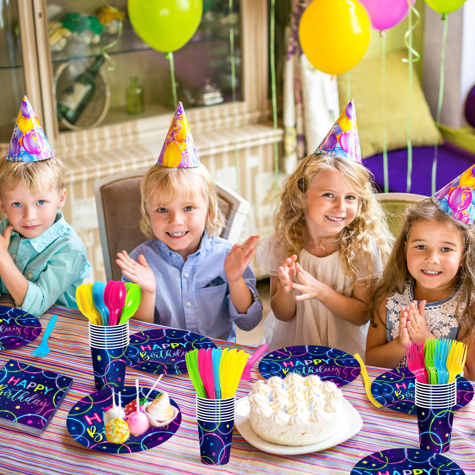 Meanplan Neon Happy Birthday Party Plates & Napkins Set - 168 Pcs Glow in the Dark Tableware for Kids (24 Guests) with Cups, Utensils & Decorations - Perfect for Glow Themed Birthday Parties & Nighttime Celebrations