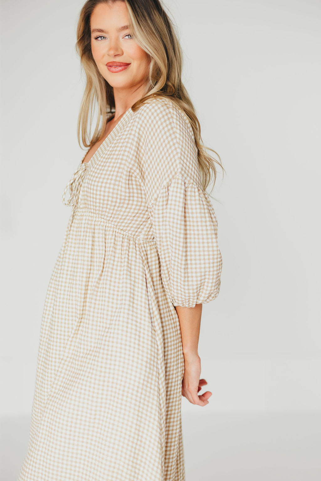 Hunter Printed Gauze Midi Dress in Natural Plaid - Bump Friendly Maternity Dress for Summer, Beach & Casual Wear
