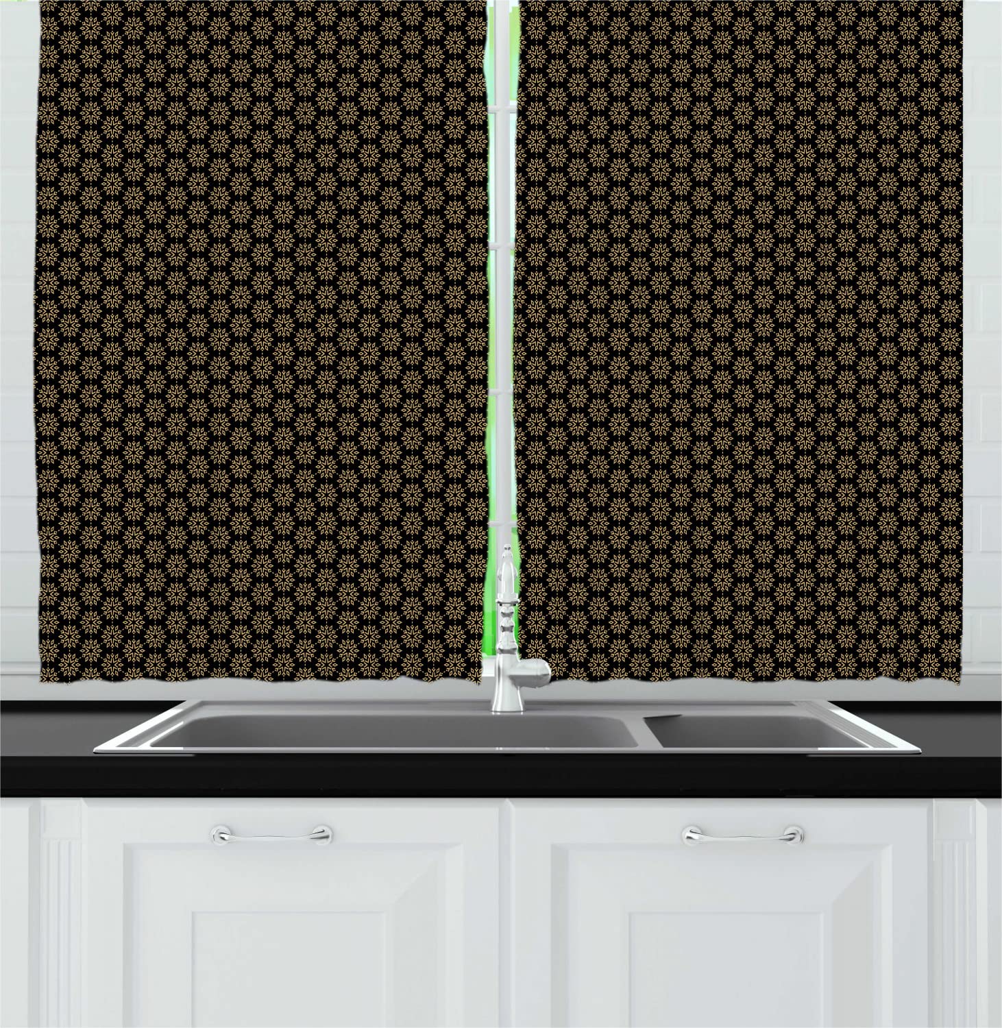 Ambesonne Winter Long Kitchen Curtains - Modern Abstract Christmas Snowflakes Design - 2 Panel Black & Pastel Yellow Drapes with Rod Pocket - 55