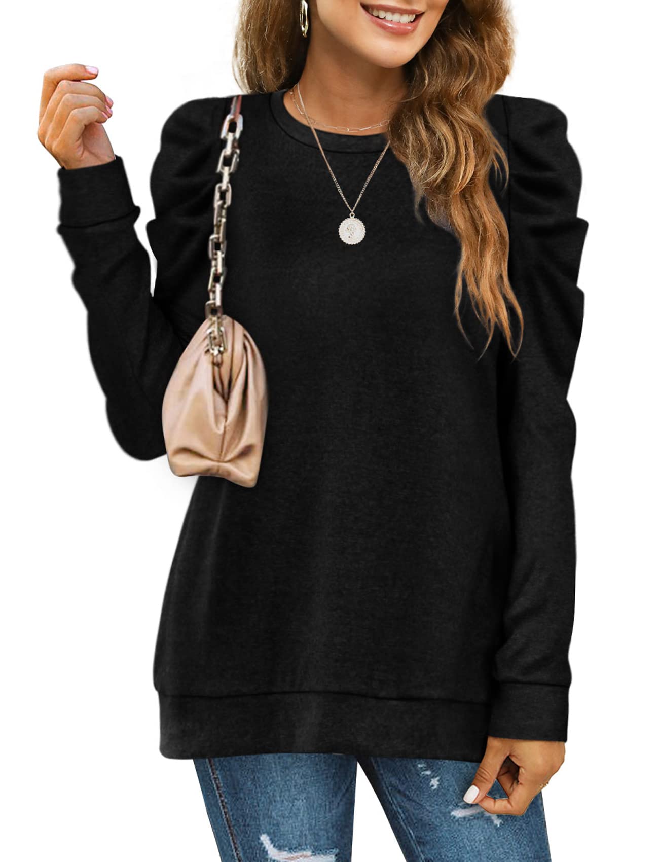 XIEERDUO Women's Crewneck Sweatshirt - Trendy Puff Sleeve Tunic Sweater for Fall | Loose Fit Casual Pullover | Perfect for Autumn Outfits, Coffee Dates & Weekend Errands
