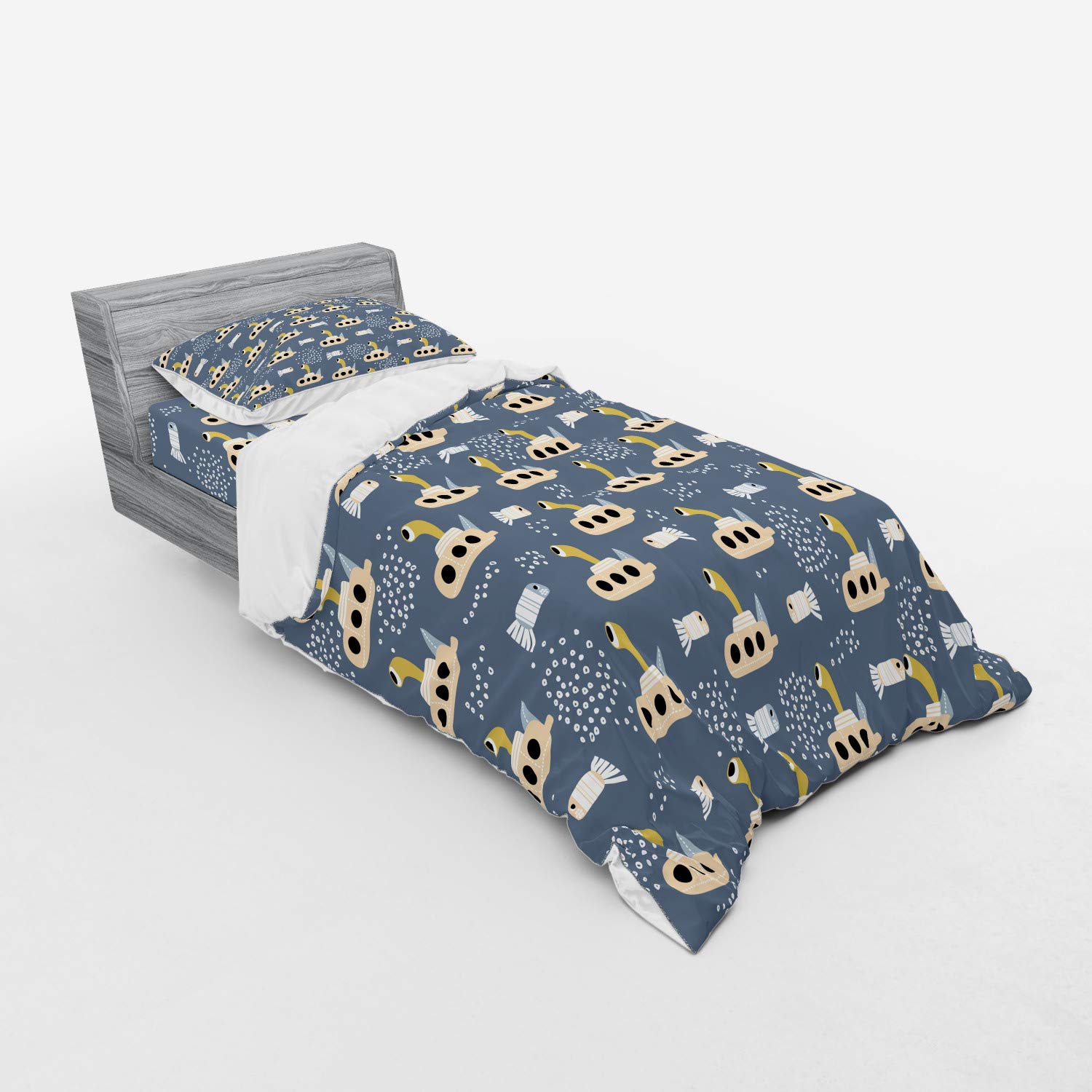Ambesonne Cartoon Submarine Themed Bedding Set - 3 Piece Duvet Cover with Pillow Sham & Fitted Sheet, Twin Size, Pale Coffee & Slate Blue - Perfect for Kids' Rooms, Themed Bedrooms & Unique Gift Ideas