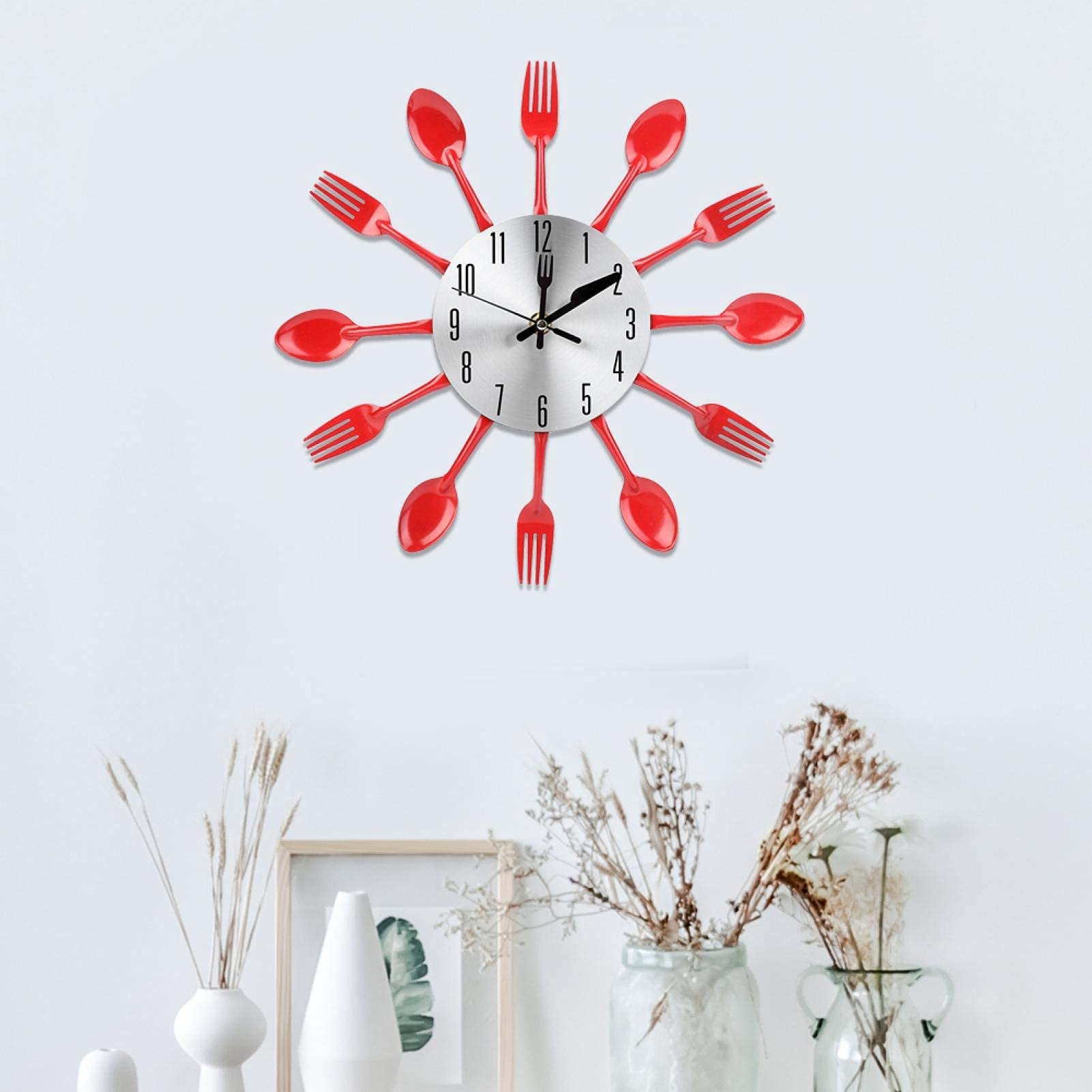 Noiseless Stainless Steel Cutlery Wall Clock with Spoons & Forks - Battery-Free Kitchen Decor for Home & Restaurants | Perfect for Farmhouse, Diner, and Retro Kitchen Decor (Red)