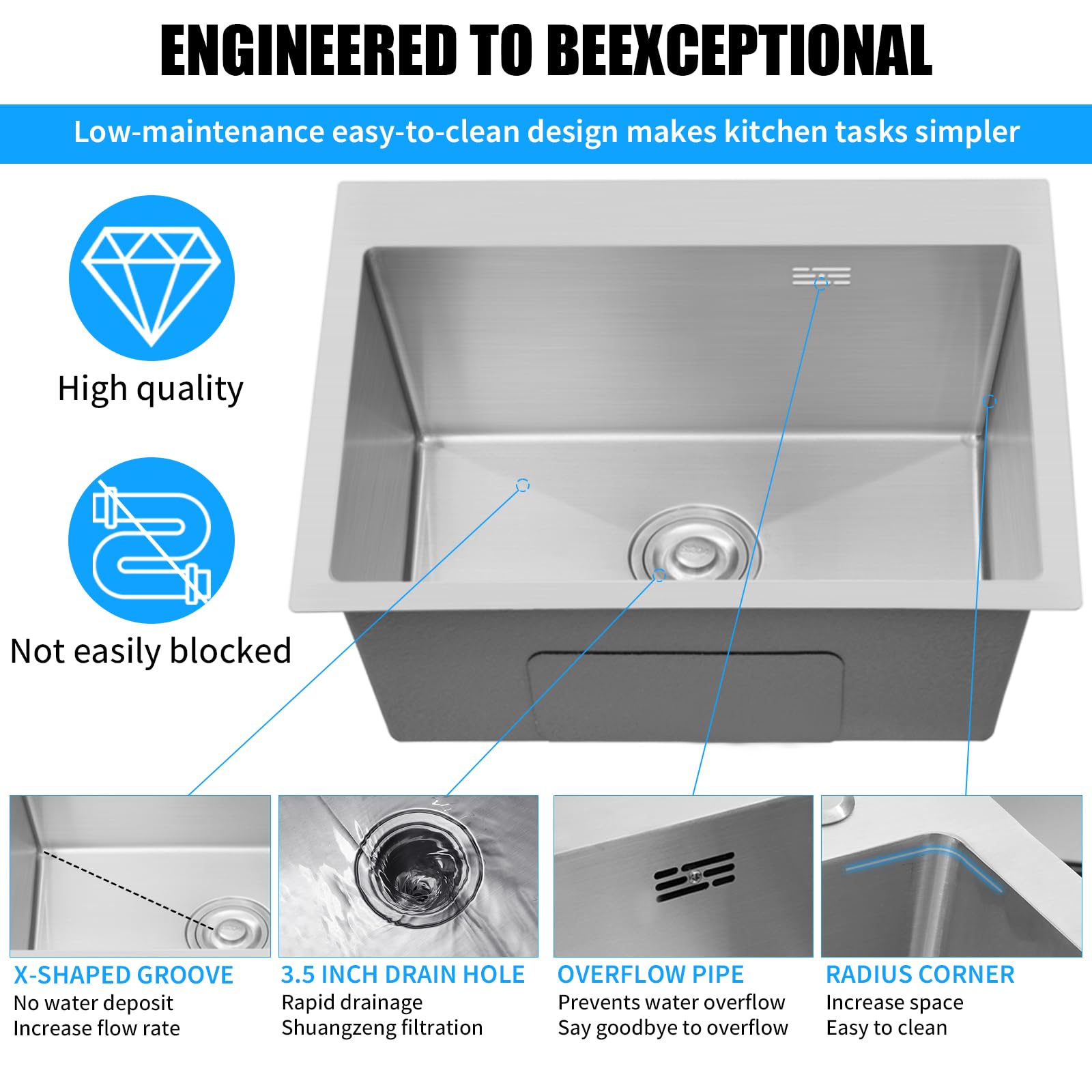 **20 Inch 304 Stainless Steel Drop-in Kitchen Sink – Single Bowl Deep Basin with Ledge & Accessories – Perfect for Workstations, RV, Prep Kitchens & Bars**    *(Ideal for Food Prep, Dishwashing & Multi-Purpose Kitchen Tasks)*