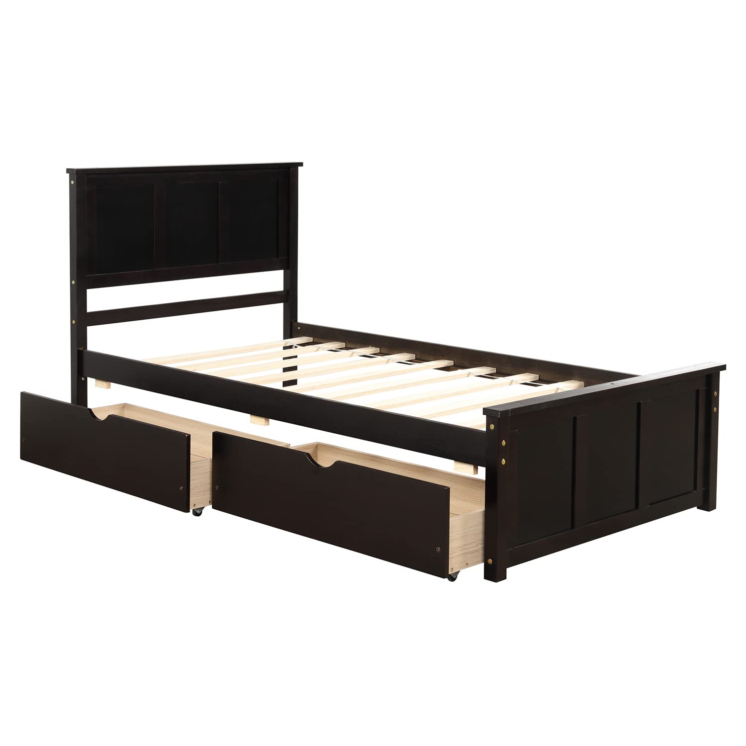 Twin Size Wooden Platform Bed Frame with Headboard, Footboard & Storage Drawers - Espresso Finish for Kids, Teens, Boys & Girls - Perfect for Small Bedrooms, Guest Rooms & Dormitories