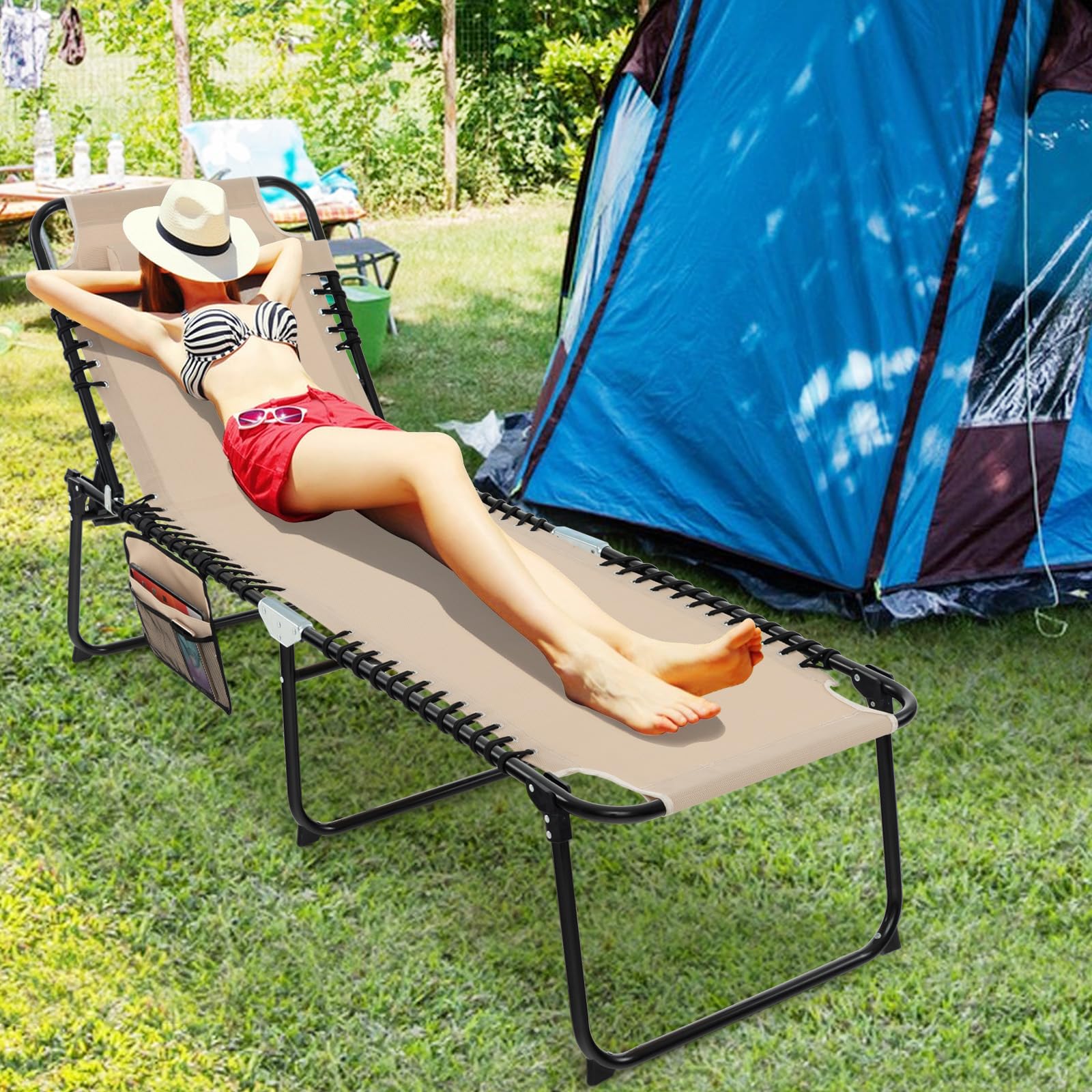 Giantex Folding Patio Lounge Chair with Headrest - 4 Adjustable Positions & Side Pocket, Outdoor Chaise Lounge for Camping, Pool, Beach, Sunbathing - Perfect for Backyard, Deck, and Vacation Relaxation (Beige)