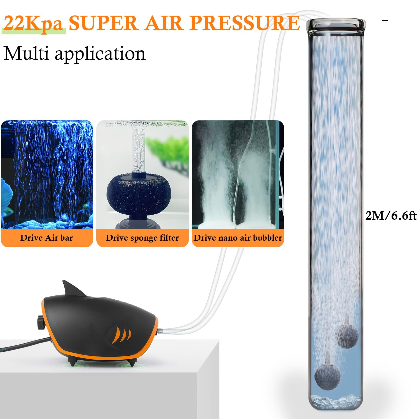 HITOP 4W 110GPH Powerful & Quiet Aquarium Air Pump with 2 Outlets - Adjustable Fish Tank Aerator Pump with Accessories for 20-200 Gallon Tanks - Perfect for Home Aquariums, Fish Breeding & Hydroponics Systems