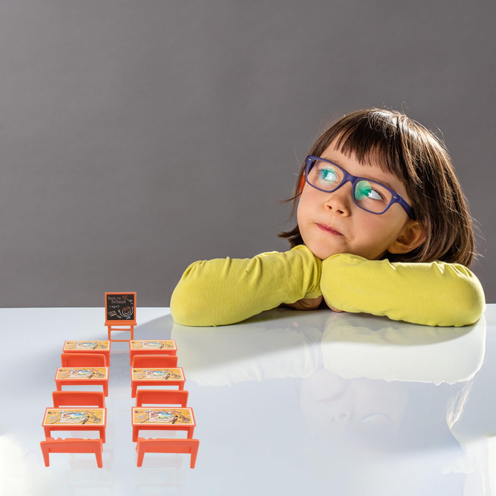 13-Piece Miniature Classroom Furniture Set - Plastic Dollhouse Desk, Chairs & Blackboard Accessories for Dollhouse & Model Scenes | Perfect for School Plays, Educational Toys & Miniature Displays