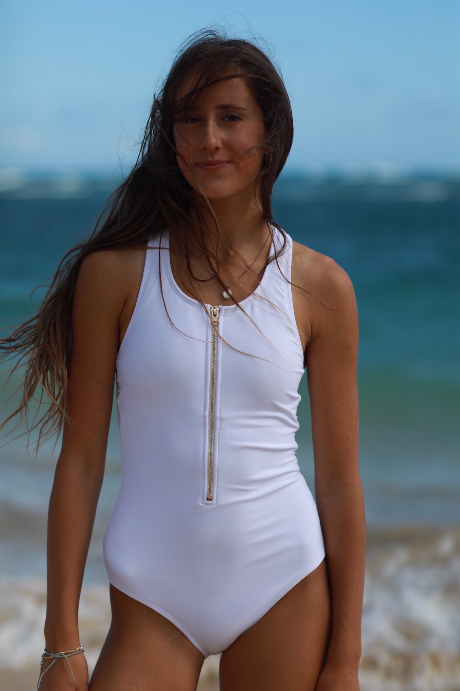 Jenna White Zipper One Piece Swimsuit for Women - Sexy High Neck Bathing Suit with Side Cutouts - Perfect for Beach, Pool, and Summer Vacations