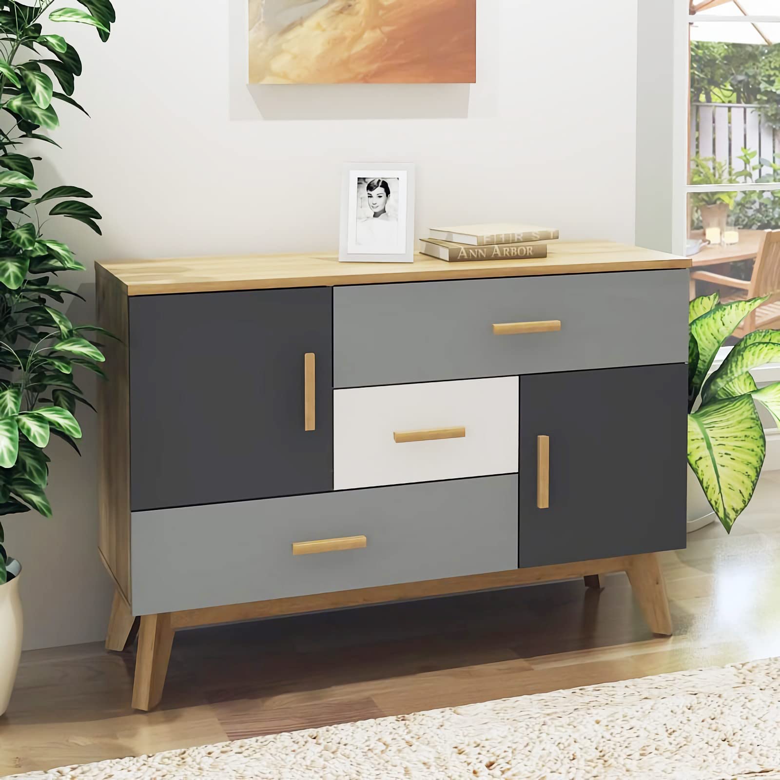 Giantex 47 Inch Free-Standing Floor Storage Cabinet with 2 Doors & 3 Drawers, Adjustable Shelf - Multifunctional Accent Dresser for Living Room, Entryway, Kitchen | Perfect for Home Organization, Bedroom Storage & Dining Room Sideboard