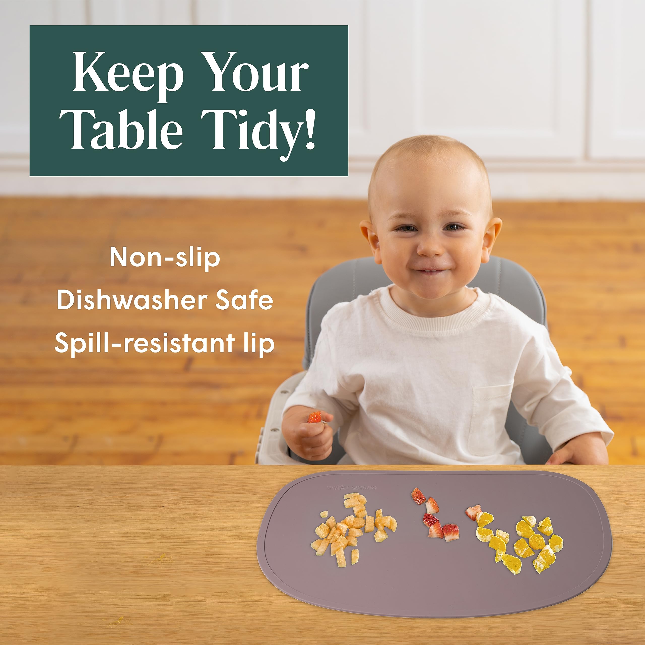 Simka Rose Silicone Baby Placemats - Non-Slip Toddler Placemats with Raised Edges for Dining Tables, Restaurants & Travel - Dishwasher Safe (Sage) - Perfect for Messy Eaters, Baby-Led Weaning & Family Meals