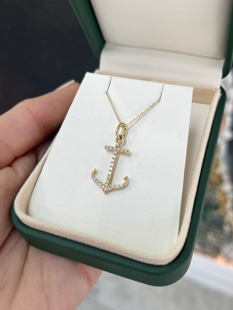 14K Gold Natural Diamond Anchor Necklace for Women - 0.45tcw Iced Out Pave Cut Ocean Lover Jewelry Gift for Birthday, Anniversary & Beach Vacation
