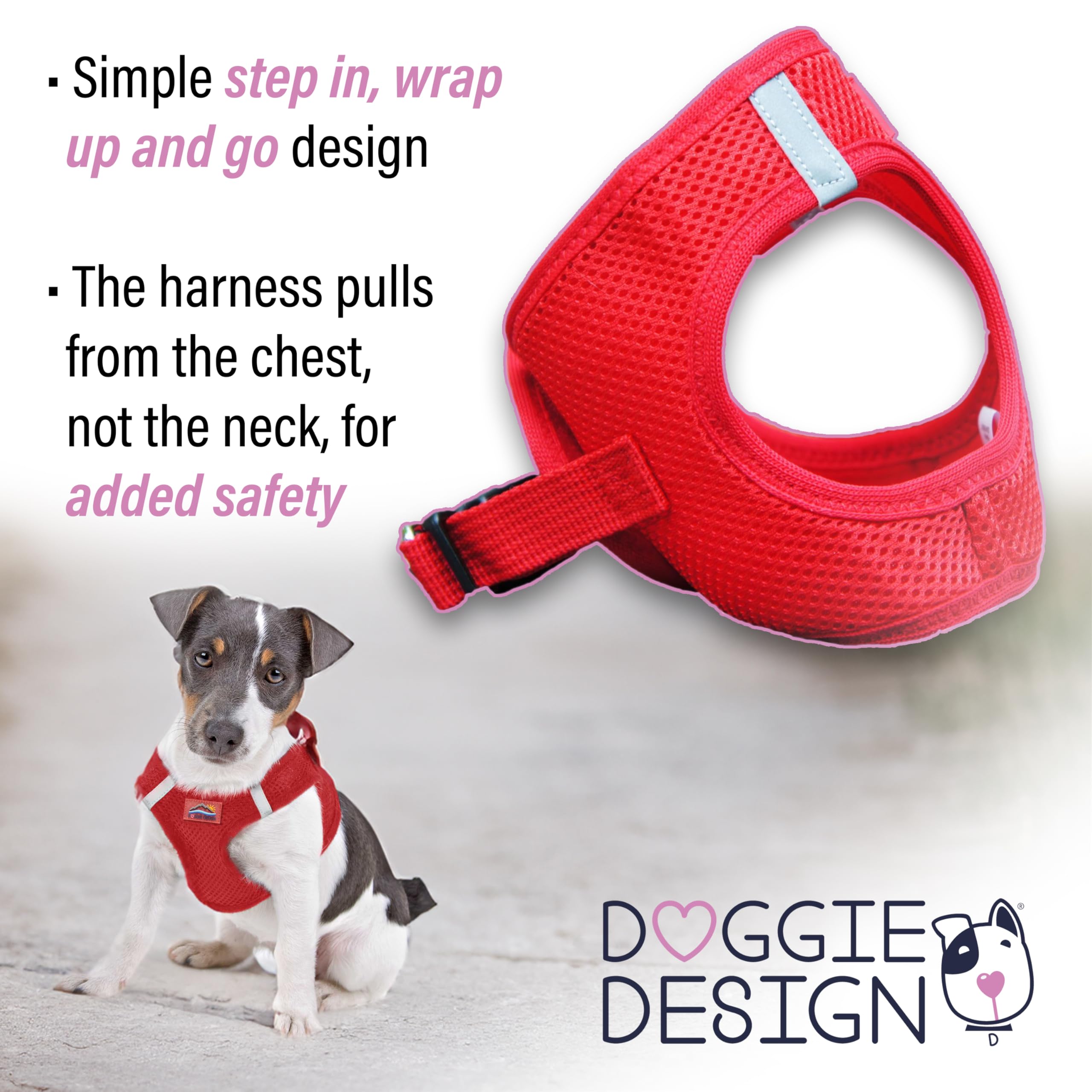 Doggie Design No Choke Dog Harness - Breathable Mesh Polyester Pet Vest with Easy Step-in Design for Small Dogs (Red) - Perfect for Walking, Training & Outdoor Adventures