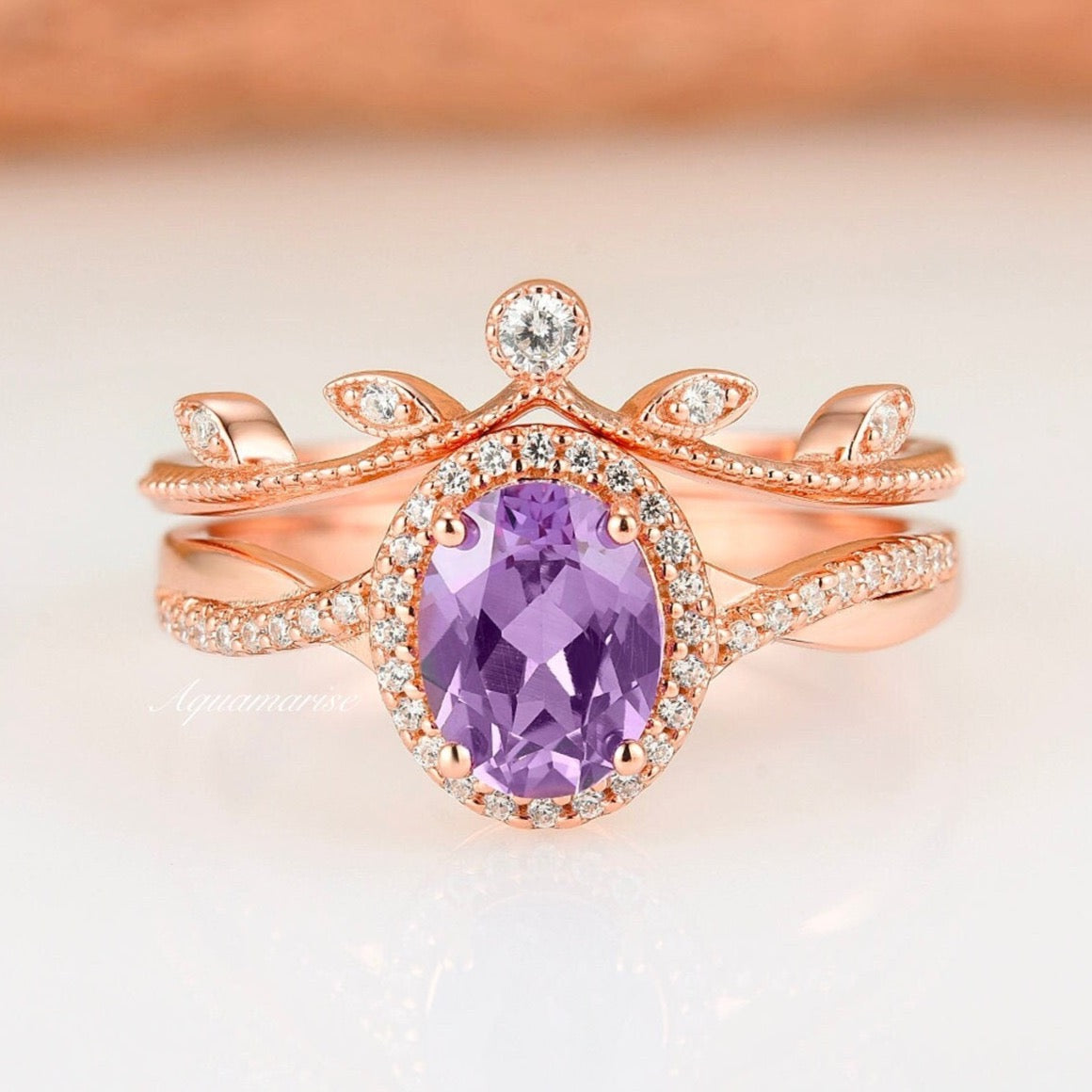 14K Rose Gold Vermeil Gemma Amethyst Ring Set - Elegant Stackable Rings for Women, Perfect for Valentine's Day, Anniversary & Everyday Wear