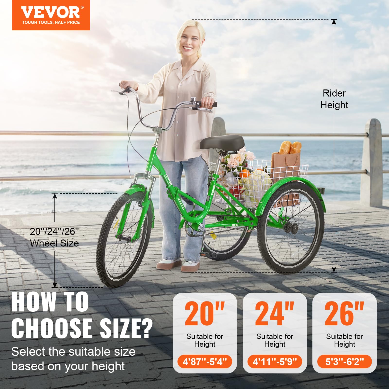 VEVOR Folding Adult Tricycle - 3 Wheel Cruiser Bike with Large Basket & Adjustable Seat - Foldable Trikes for Women, Men & Seniors - Perfect for Shopping, Picnics & Outdoor Recreation
