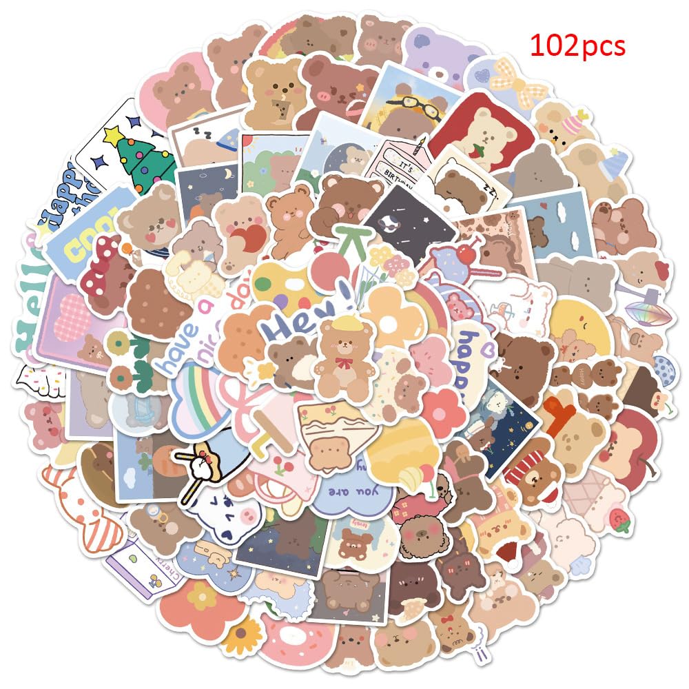 100pcs Kawaii Happy Bear Stickers Set - Cute Small Cardstock Decorative Masking Stickers for Planners, Journals, Scrapbooks & DIY Crafts - Perfect for Personalizing Notebooks, Gift Wrapping & School Projects