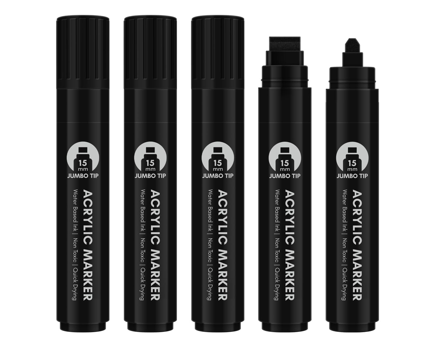 Black Jumbo Poster Markers Set of 5 - 15mm Wide Tip Thick Acrylic Paint Pens for Rock, Stone, Canvas, Glass, Wood & Ceramic - Perfect for DIY Art, Calligraphy, Sign Making & Home Decor Projects