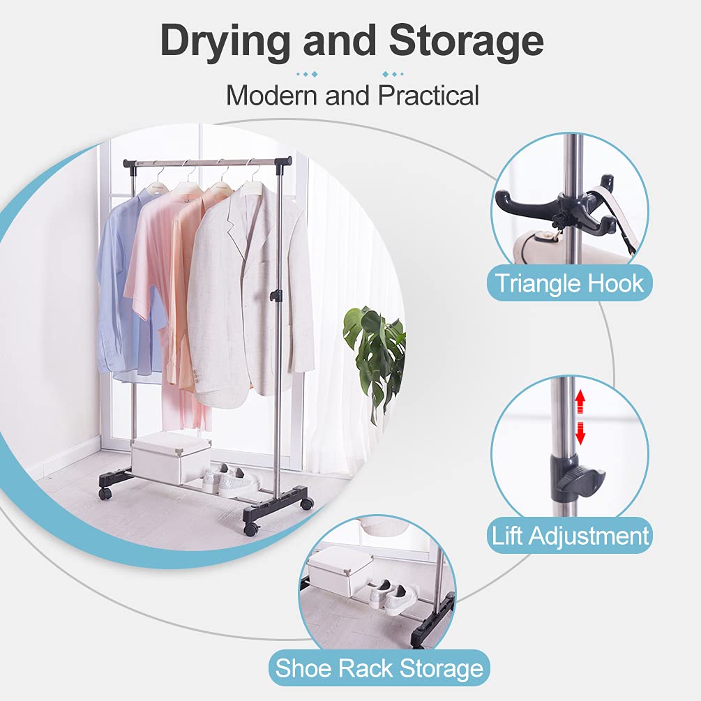 BAOYOUNI Adjustable Rolling Coat Rack with Wheels - Heavy Duty Metal Garment Rack for Clothes, Hats, Purses & Accessories - Mobile Clothing Organizer & Display Stand (Black) - Perfect for Retail Stores, Boutiques, Bedrooms & Closet Organization