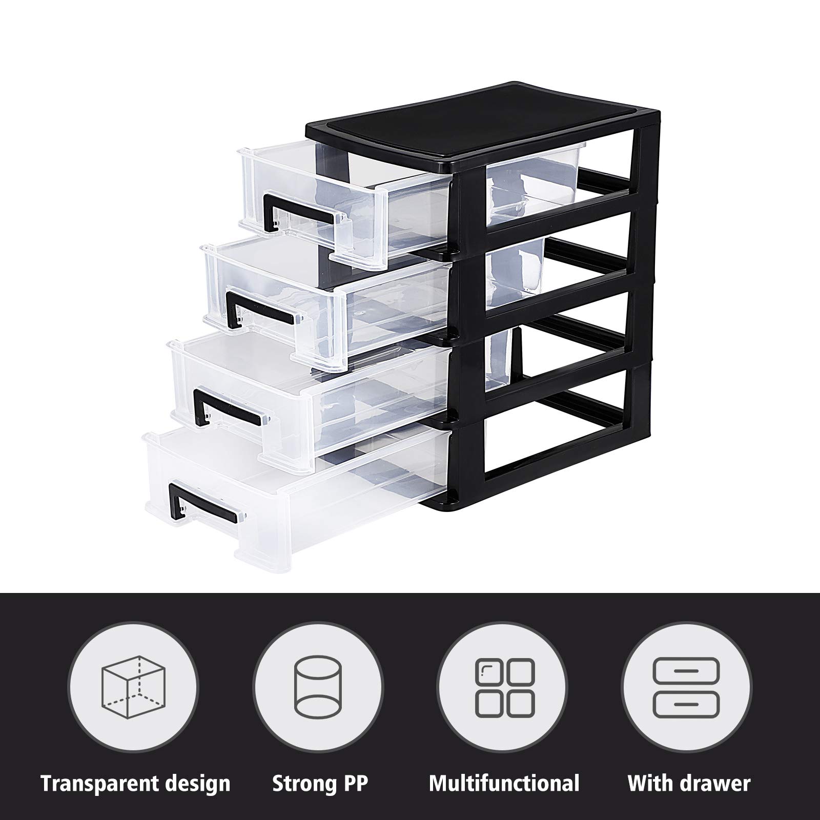 BESPORTBLE 4-Drawer Plastic Storage Organizer - Portable Multifunctional Closet & Home Storage Rack (Black/Transparent) - Perfect for Bedroom, Office, Bathroom & Kids Room Organization