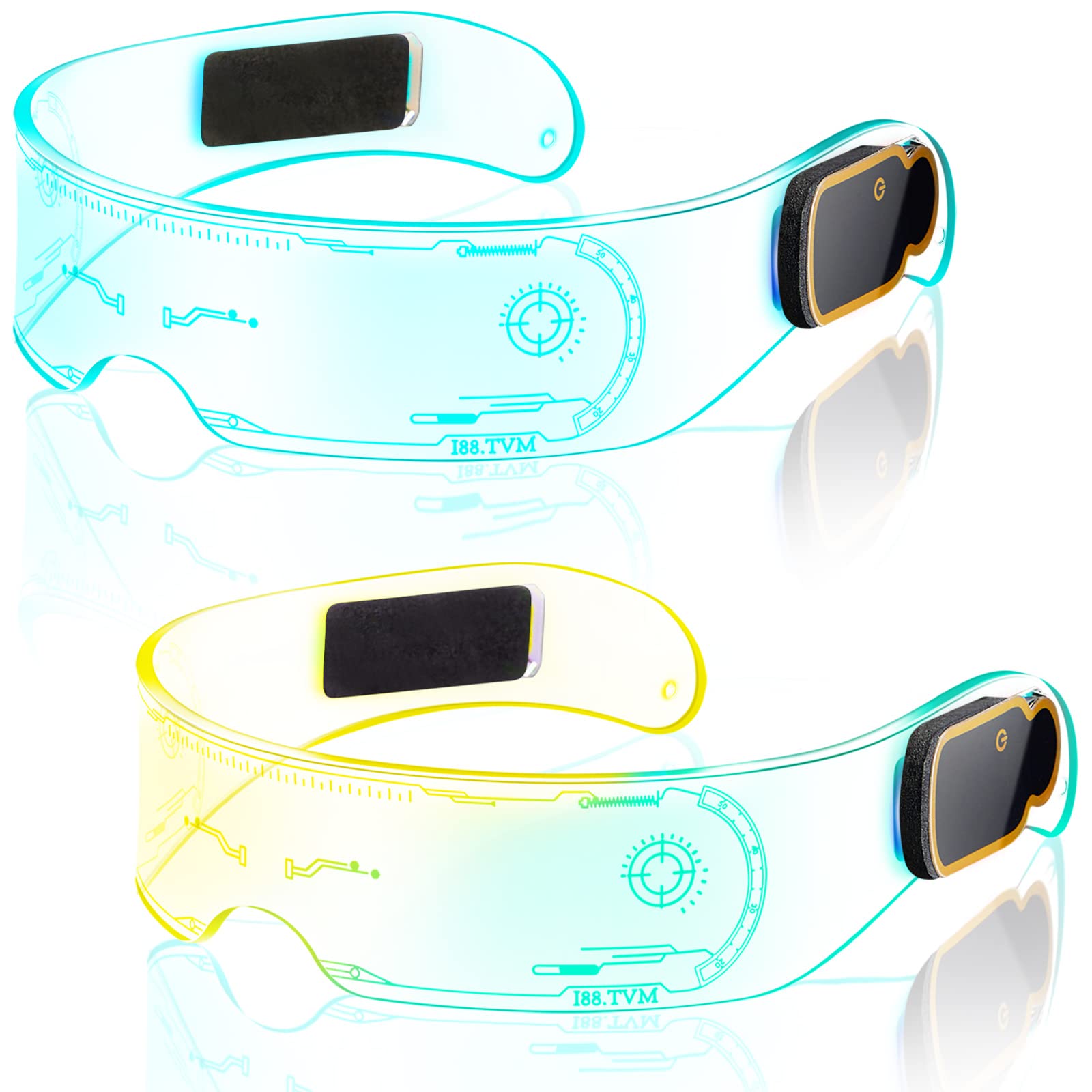 2 Pairs LED Visor Glasses - Light Up Glasses for Adults with Luminous Effect, Neon Futuristic Style for Rave, Cosplay, Halloween, Bar & Club Parties - Perfect for Nightlife, Festivals, Concerts and Costume Events