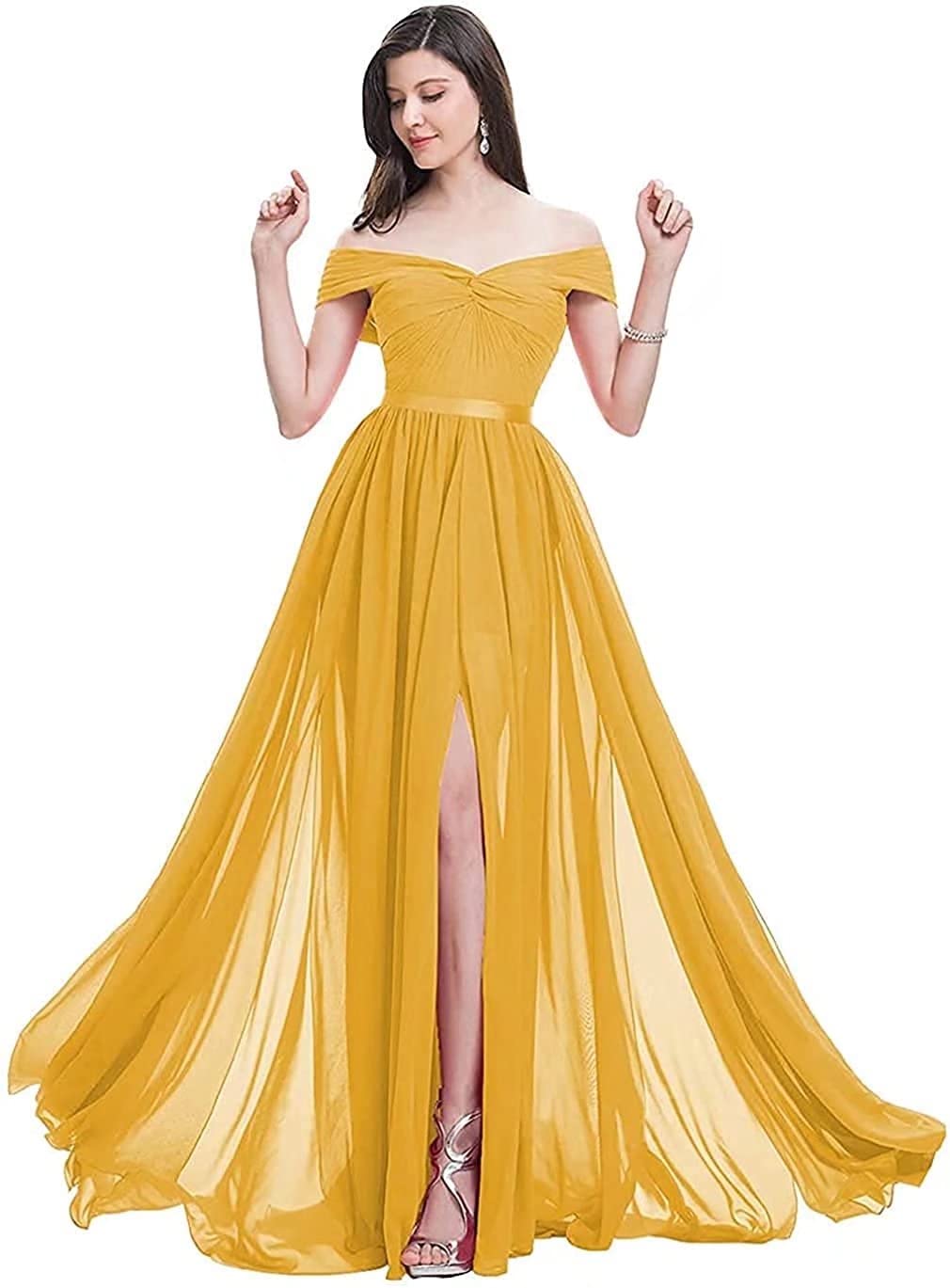 BTgirl Women's Off Shoulder Bridesmaid Dress with High Slit - A-Line Chiffon Long Formal Evening Gown in Mustard Yellow, Size 2 - Perfect for Weddings, Prom, Cocktail Parties & Special Occasions