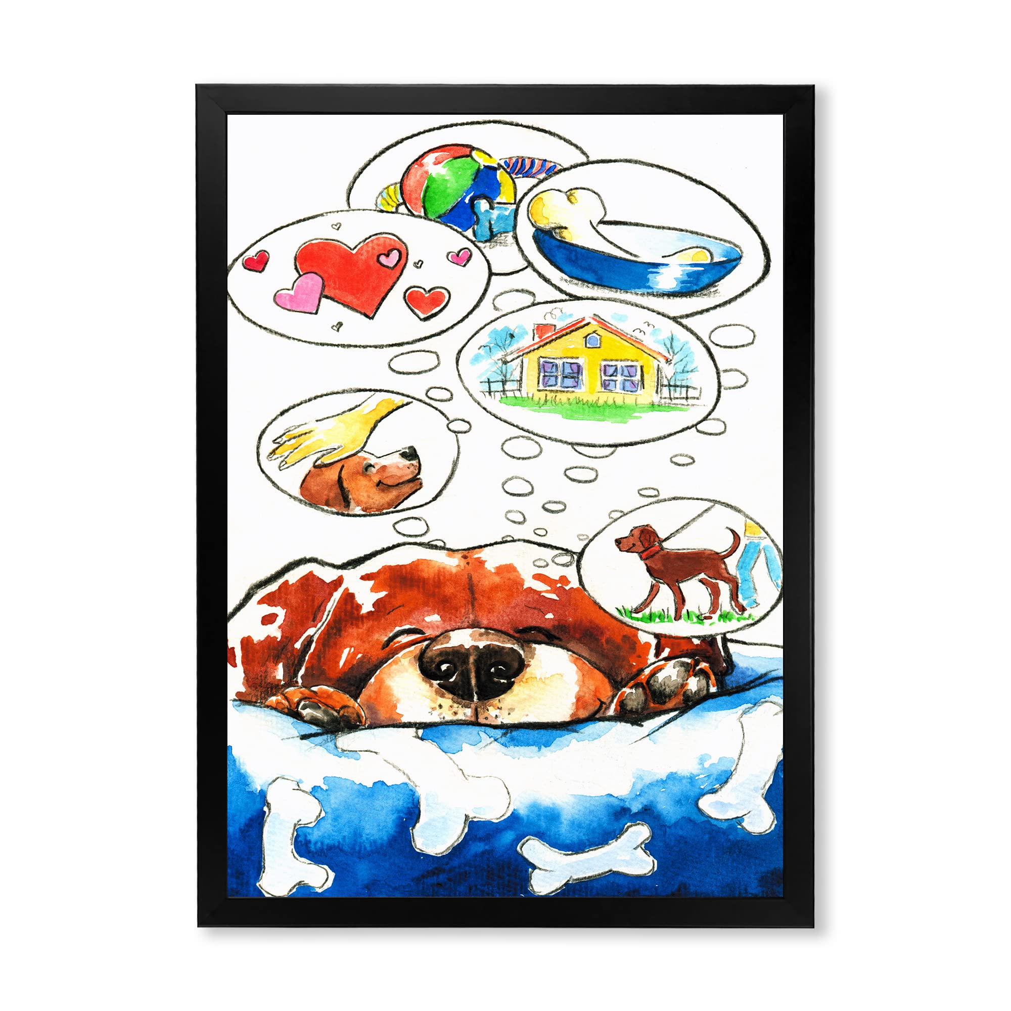 DesignQ Dog Dreams Framed Wall Art for Kids - Playroom & Nursery Decor, Animal Themed Children's Bedroom Painting