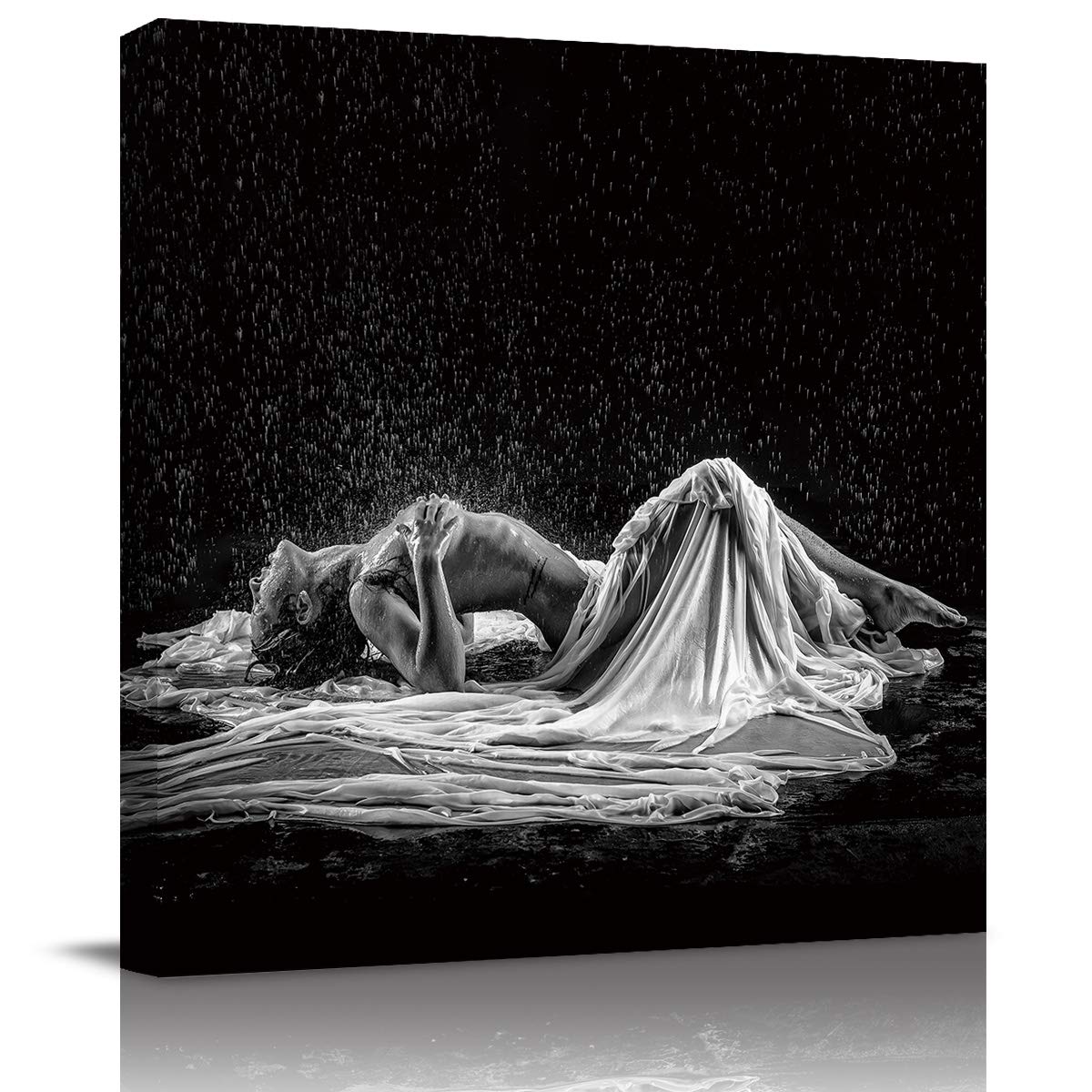 Edwiinsa 24x24 in Stretched Canvas Wall Art - Black & White Portrait of Nude Girl in Rain, Modern Rustic Farmhouse Decor for Living Room, Bedroom, Bathroom | Perfect for Home, Office & Gallery Display