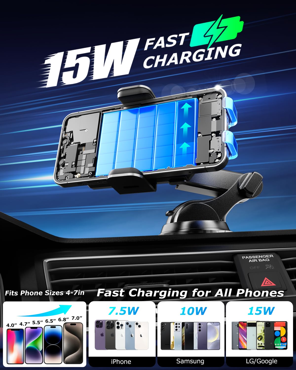 15W Fast Wireless Car Charger & Phone Holder - Universal Dashboard/Windshield/Air Vent Mount for iPhone 16/15/14/13/12/11/XS/XR, Samsung Galaxy, Google Pixel - Perfect for Commuting, Road Trips & Hands-Free Navigation
