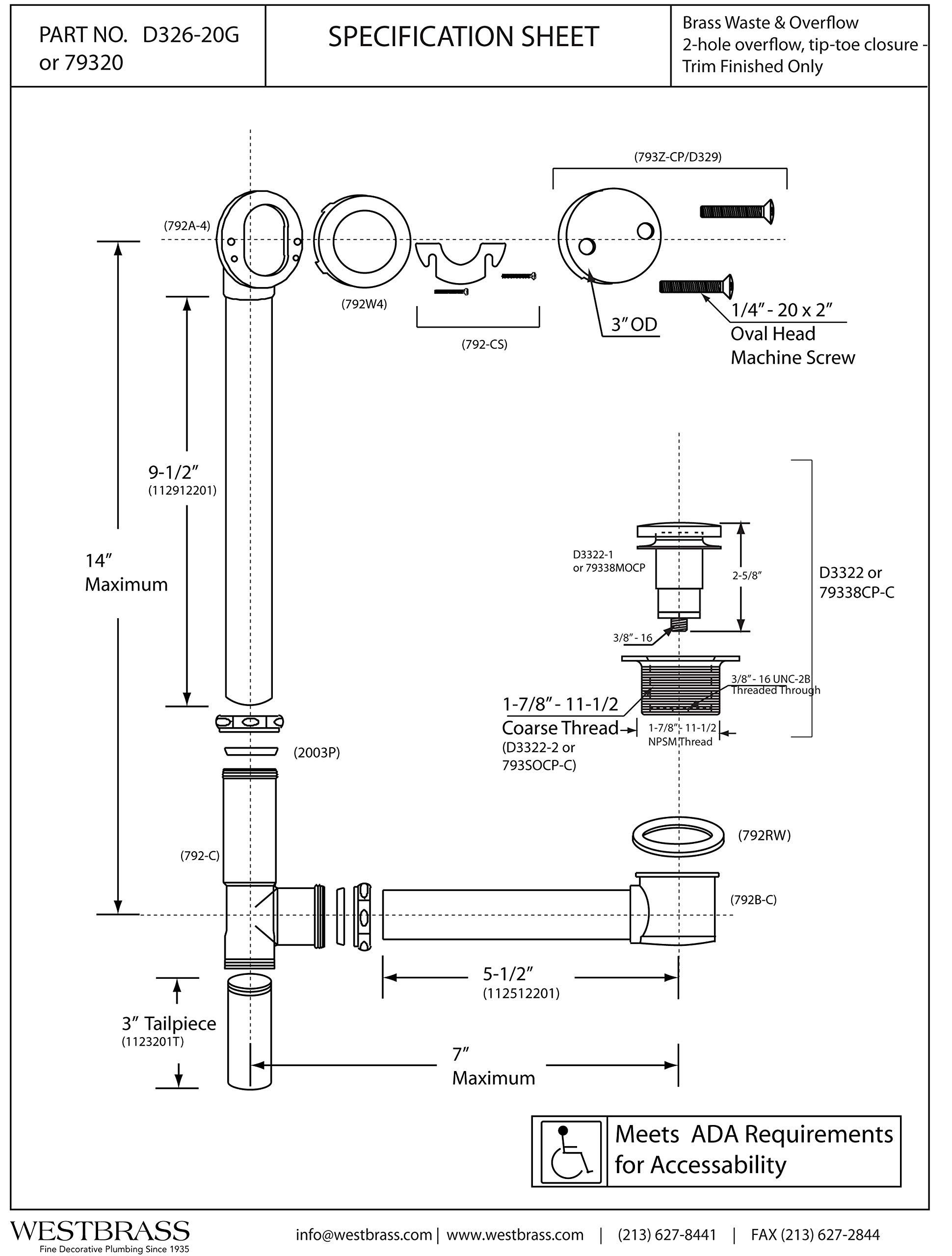 Westbrass D326-20G-12 Tip Toe Bath Waste Drain - 22 Inch Make-Up, 20 Gauge Tubing in Oil Rubbed Bronze Finish for Bathtub and Shower Drainage