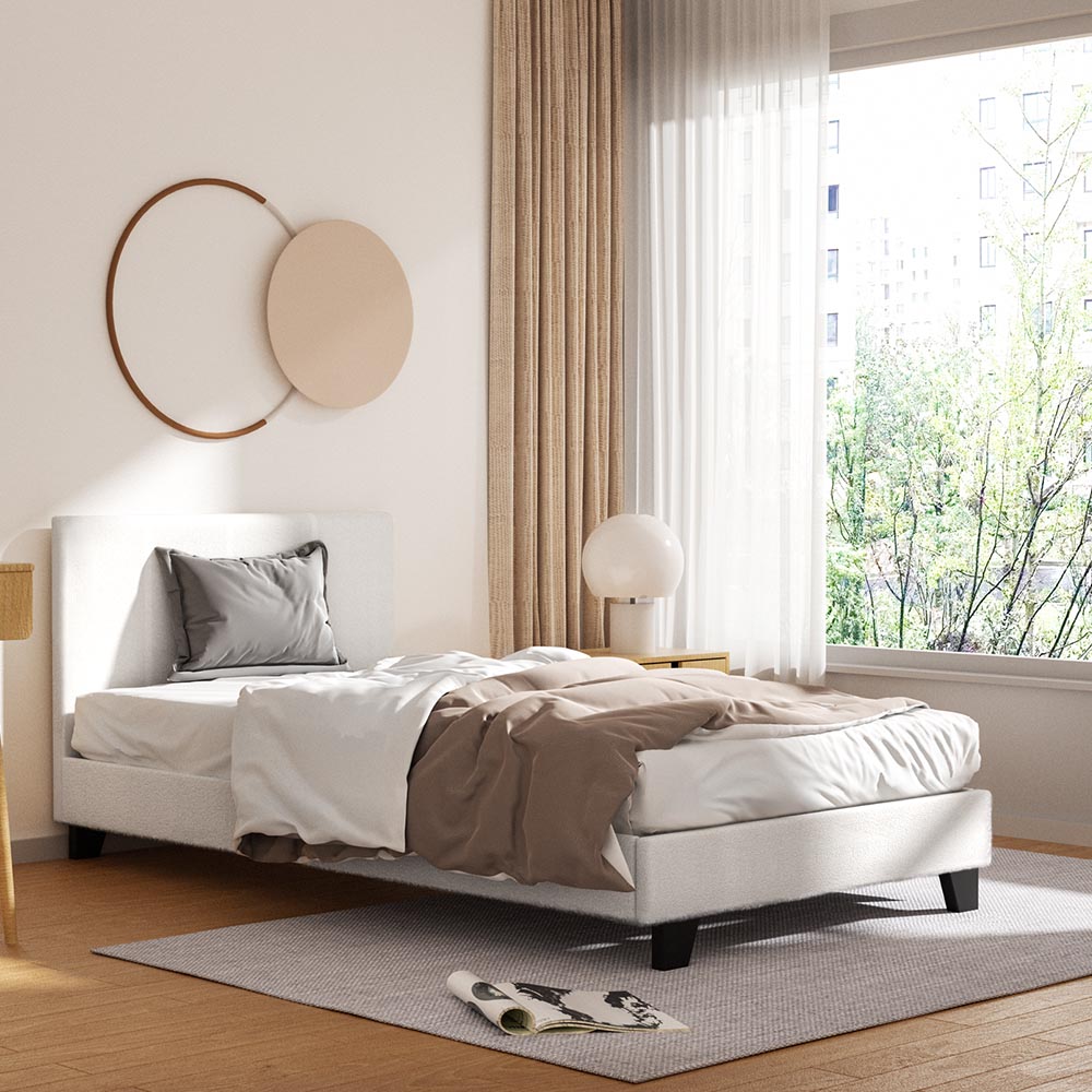 Coogee King Single Bed Frame - Soft White Bouclé Upholstered Platform Bed for Kids & Teens | Perfect for Small Bedrooms & Guest Rooms