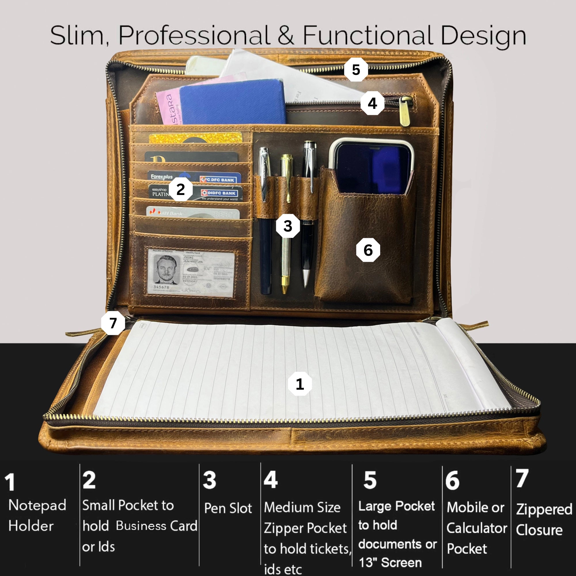 Premium Kingsman Business Leather Padfolio - Antique Brown, Professional Portfolio Organizer for Meetings, Presentations & Office Use
