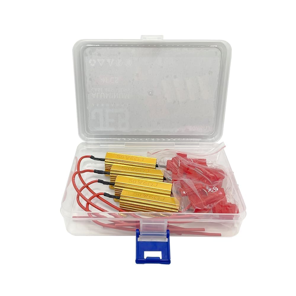 4Pcs 50W 6ohm LED Load Resistors Kit - Aluminum Housing, Fix Hyper Flash & Blinking Error for LED Turn Signals, Brake Lights, Fog Lights - Universal 12V/24V Compatible (Warning: Resistors Get Hot) - Perfect for Car, Truck, Motorcycle & RV Lighting Upgrades