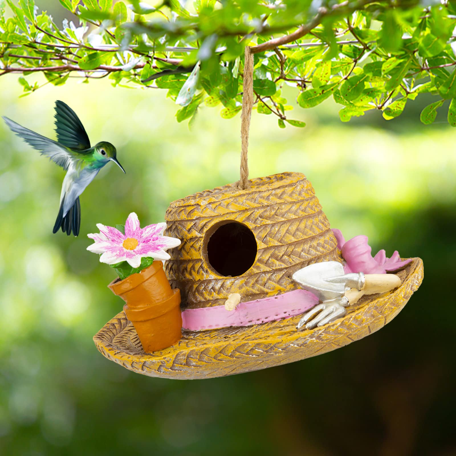 Straw Hat Bird House for Outside - Decorative Hanging Birdhouse for Hummingbirds, Bluebirds & Wrens - Garden, Patio & Yard Decor for Bird Nesting | Perfect for Backyard, Porch & Outdoor Spaces