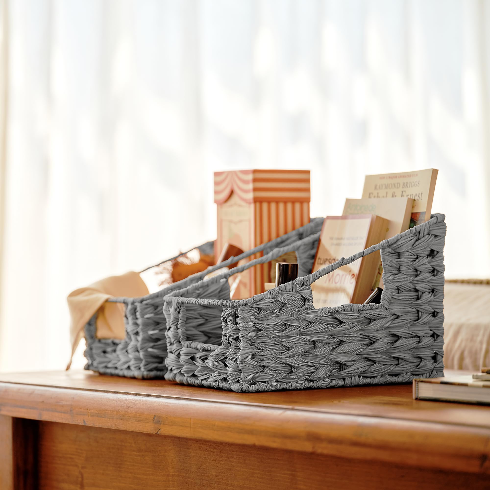 Odorless Waterproof Woven Wicker Basket with Handles - 2-Pack Ash Gray Trapezoid Storage Baskets for Organizing Books, Photos & Home Decor | Perfect for Living Room, Bedroom & Bathroom Organization