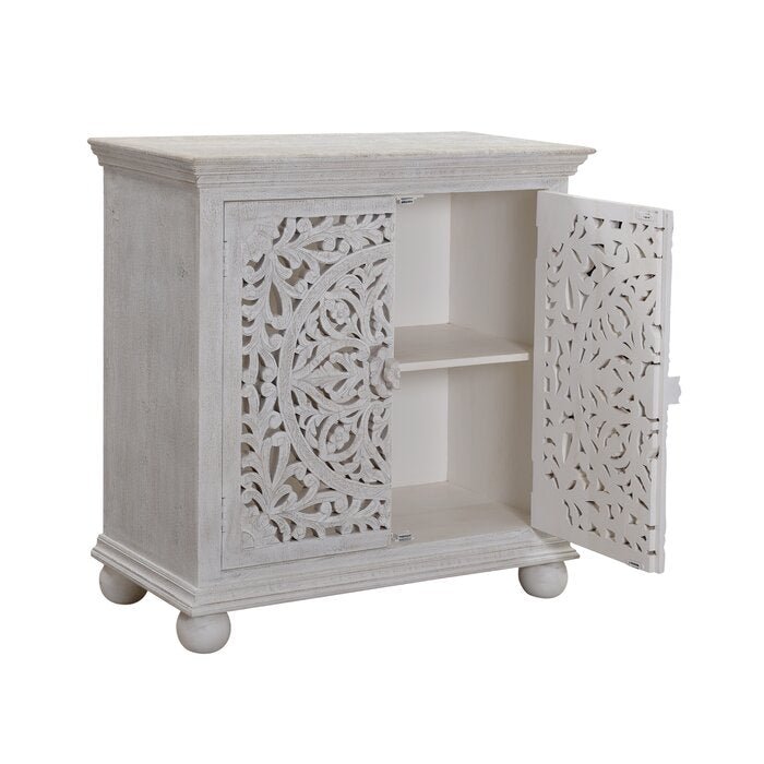 Hand Carved Solid Wood Two Door Accent Cabinet - White Distressed Finish | Rustic Farmhouse Storage Cabinet for Living Room, Bedroom & Entryway