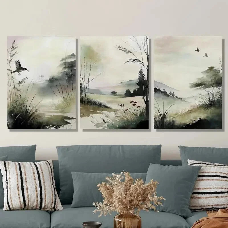 3-Piece Watercolor Birds & Pond Ink Painting Metal Prints - Ready to Hang Wall Art Decor for Living Room, Bedroom, Office