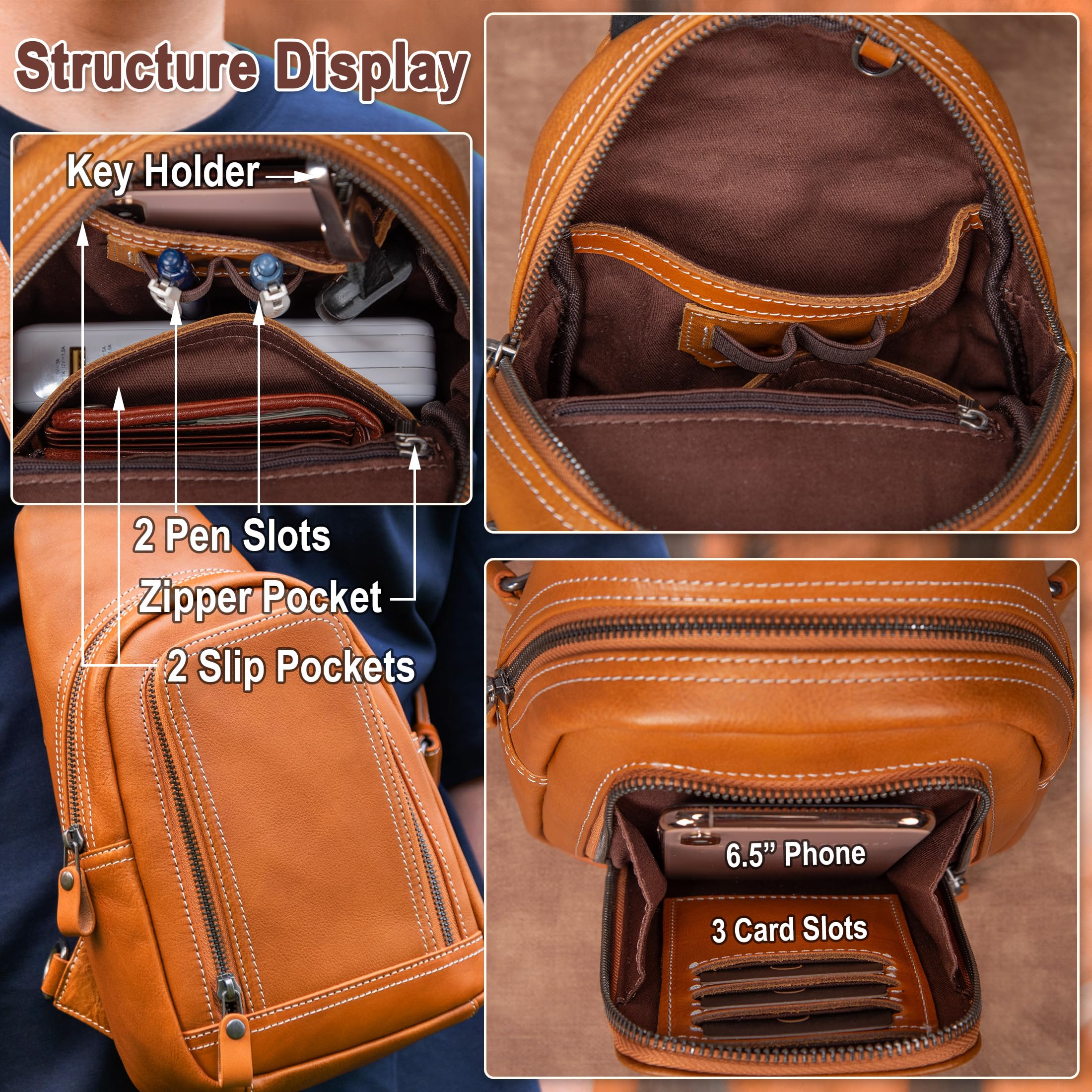 Genuine Leather Crossbody Sling Bag for Men & Women - Adjustable Shoulder Strap Chest Purse - Perfect for Travel, Hiking, Work & Daily Use