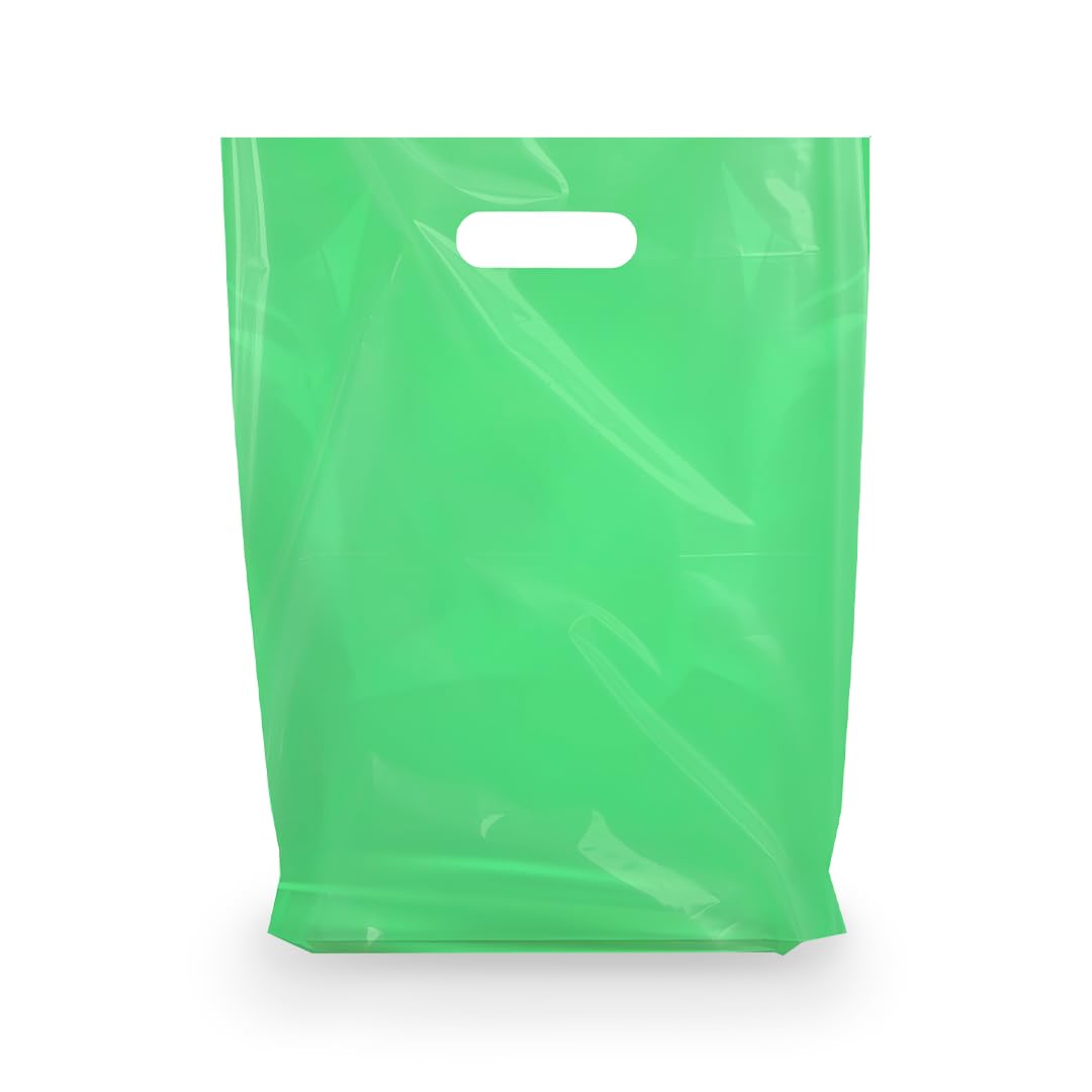 100 Green 15x18 Merchandise Bags with Die-Cut Handles & Gusset - Strong, Durable & Tear-Resistant Shopping Bags for Retail Stores, Boutiques & Events - Perfect for Gift Packaging, Promotional Giveaways & Trade Shows