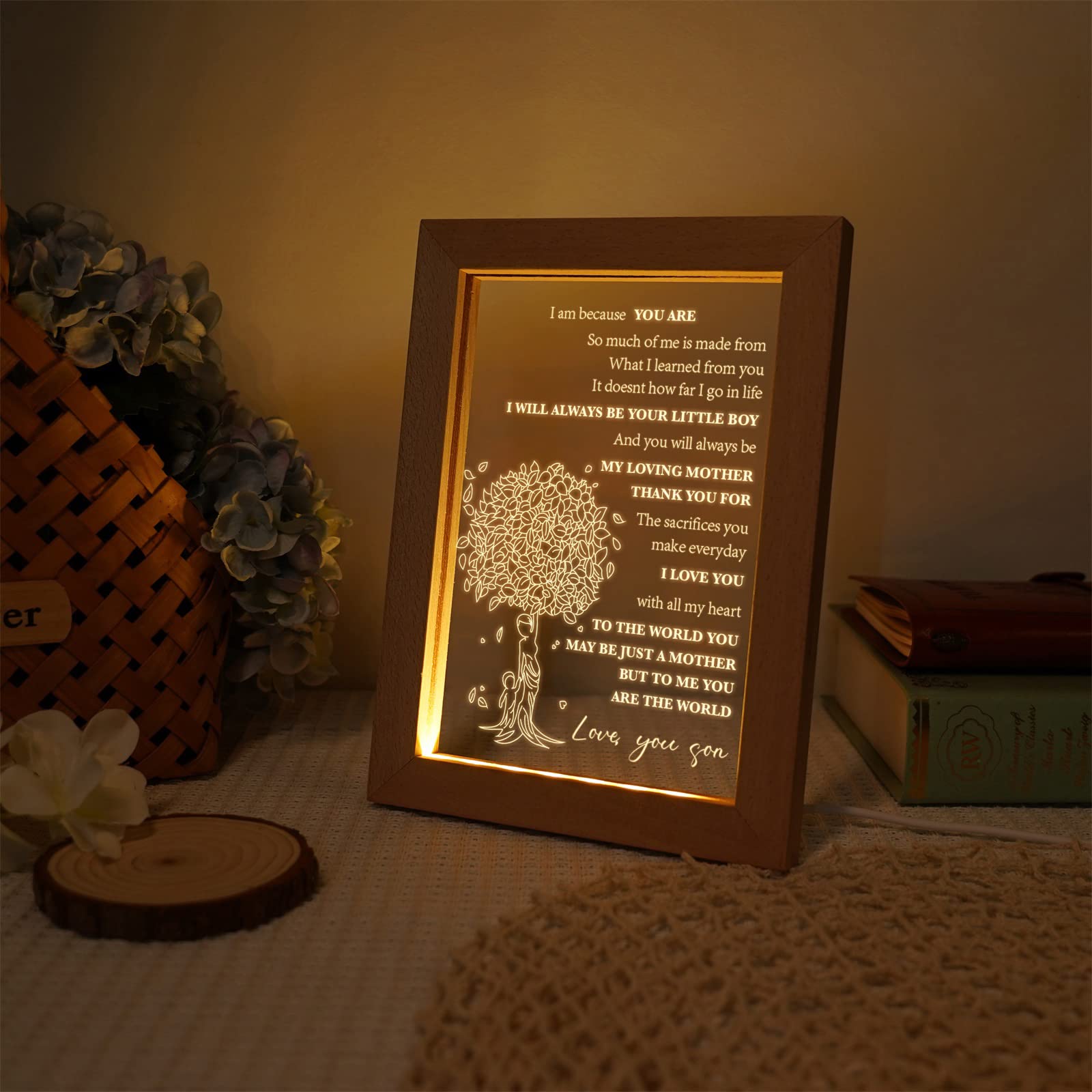 Personalized Acrylic Night Light - Custom Engraved Birthday Gift for Mom from Son, Thoughtful Mother's Day & Christmas Present, USB-Powered Low Energy Night Lamp (8.7
