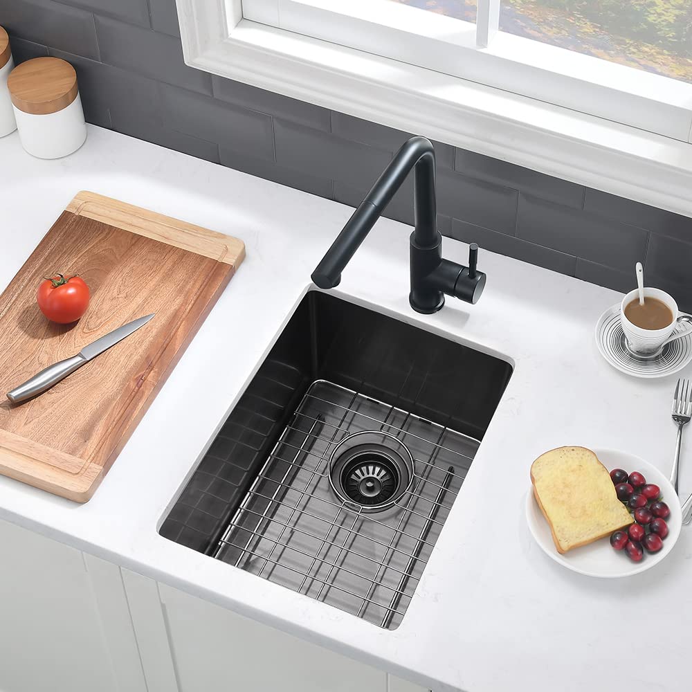 14 Inch Black Undermount Bar Sink - VASOYO 14x18 Stainless Steel Bar Prep Sink, 16 Gauge Single Bowl Kitchen Sink with Bottom Grid & Drain - Perfect for Small Kitchens, Outdoor, RV Use