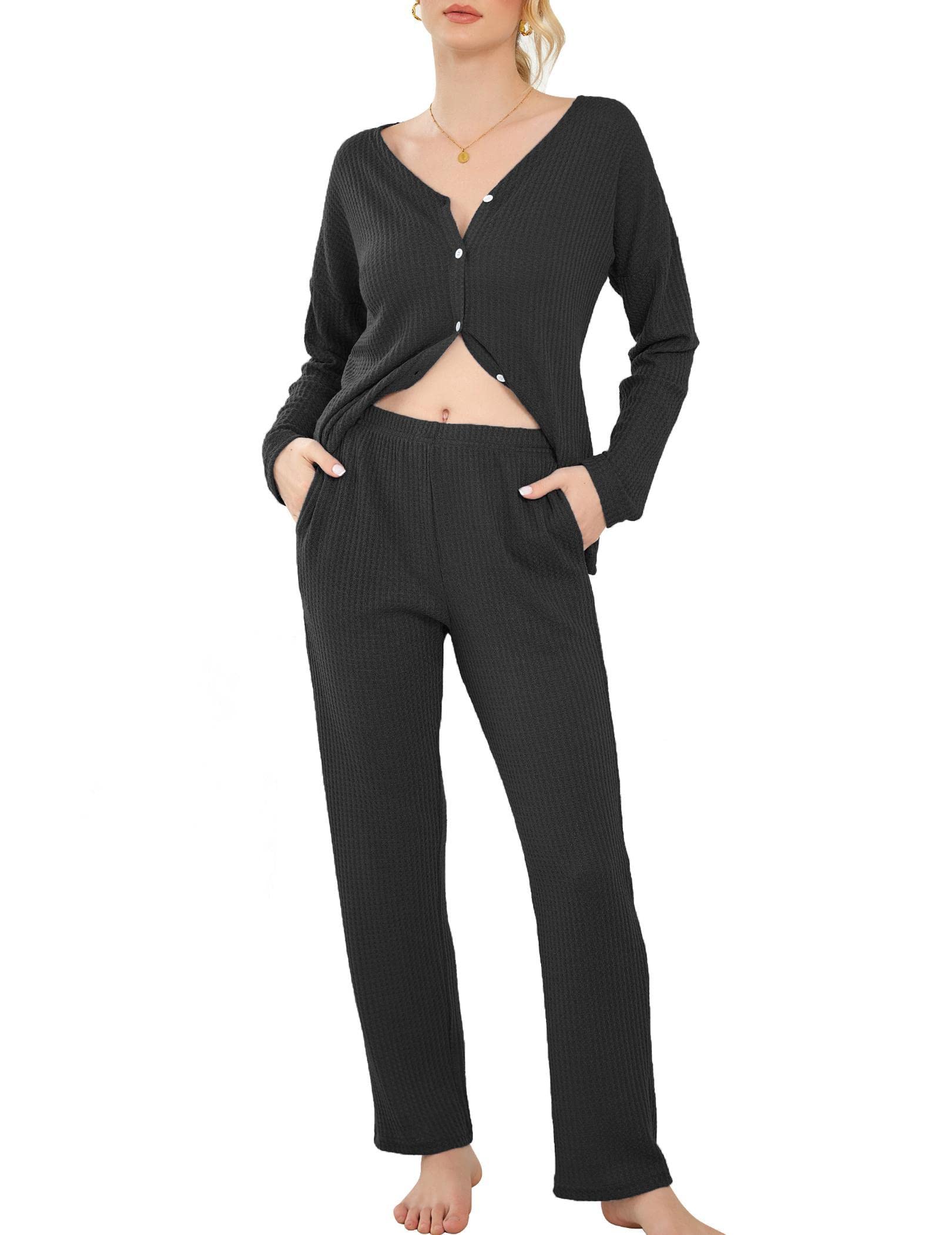 Ekouaer Women's Waffle Knit Pajama Set - Soft Button Down Sleepwear & Loungewear with Pockets - Cozy Two-Piece Pajamas for Nighttime Relaxation and Home Comfort