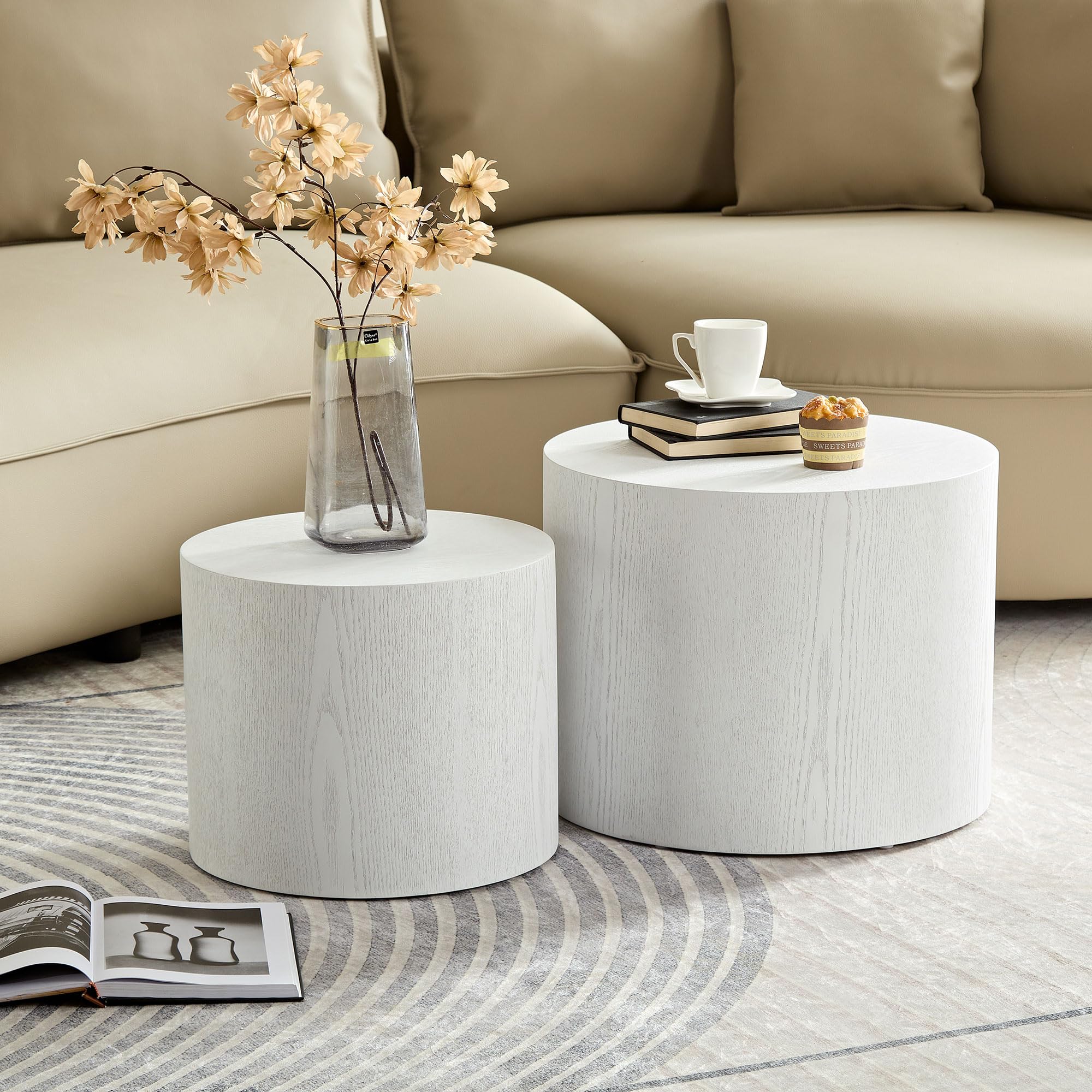 JUSTONE 2-Piece Nesting Coffee Table Set - Modern Round Wooden Side Tables for Living Room, Bedroom, Balcony & Home Office - No Assembly Required, White - Perfect for Small Spaces & Stylish Home Decor