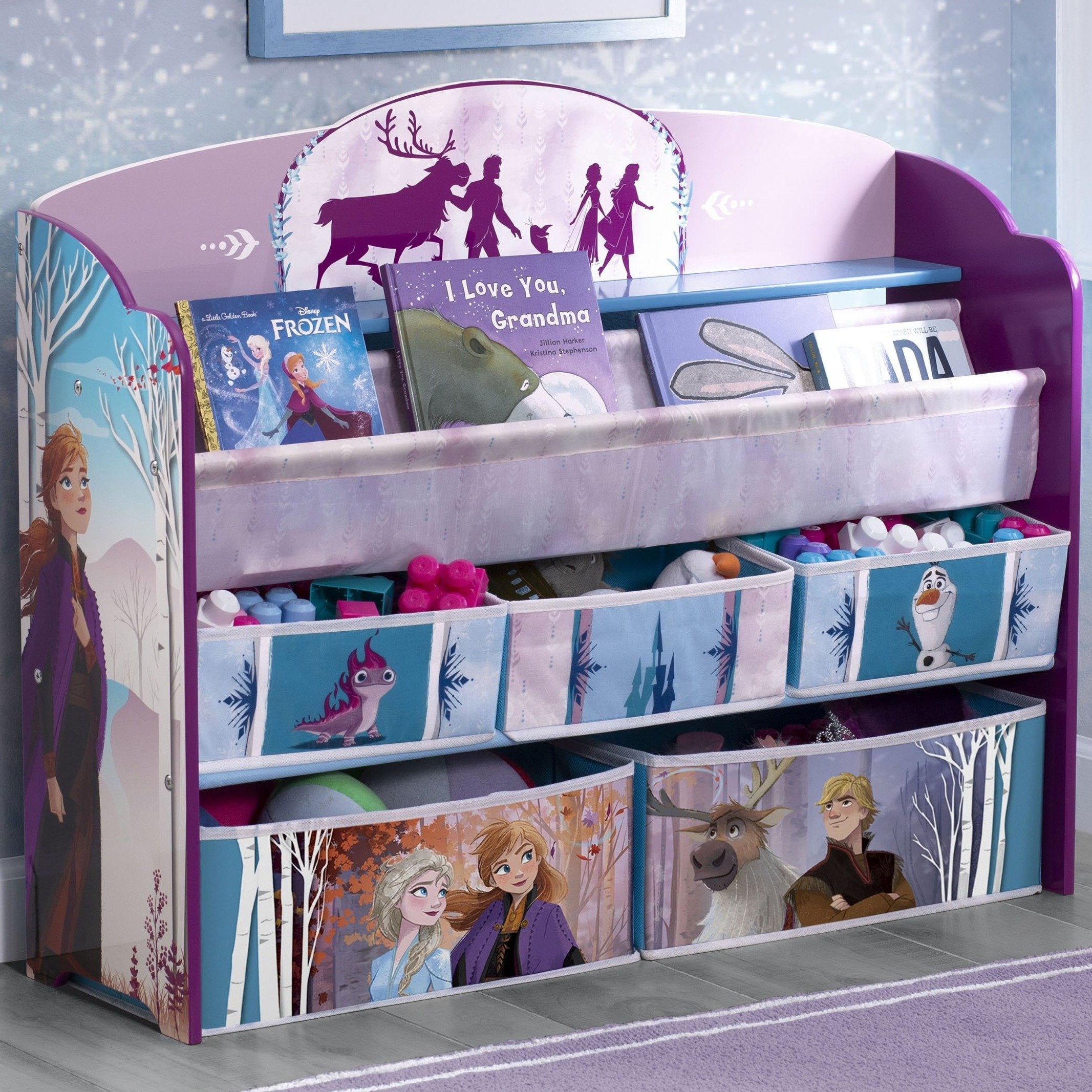 Frozen 2 Deluxe Toy Storage Organizer with Book Holder - Kids Room Decor & Disney Princess Collection - Perfect for Playroom, Bedroom, and Gift Giving