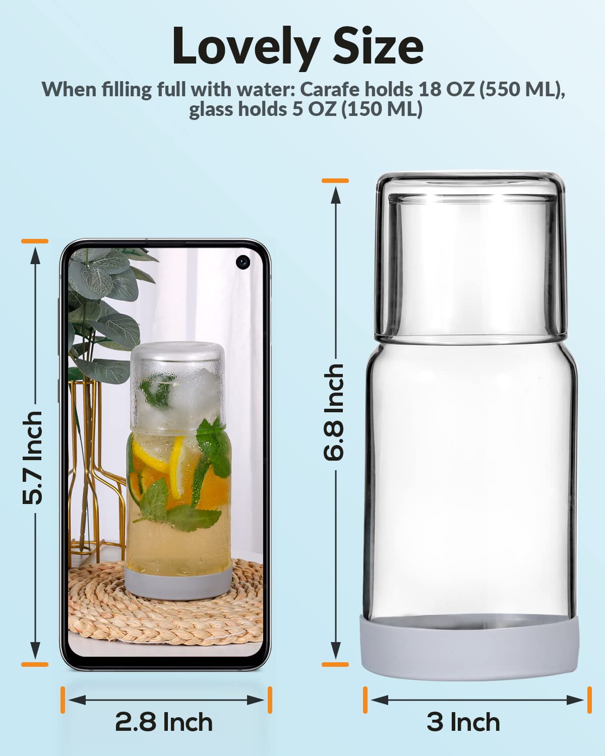 18oz Clear Glass Water Carafe with Tumbler Set - Nightstand Carafe with Silicone Coaster, Heat & Cold Resistant - Perfect for Bedside Hydration, Bathroom Mouthwash Dispenser & Office Drinkware