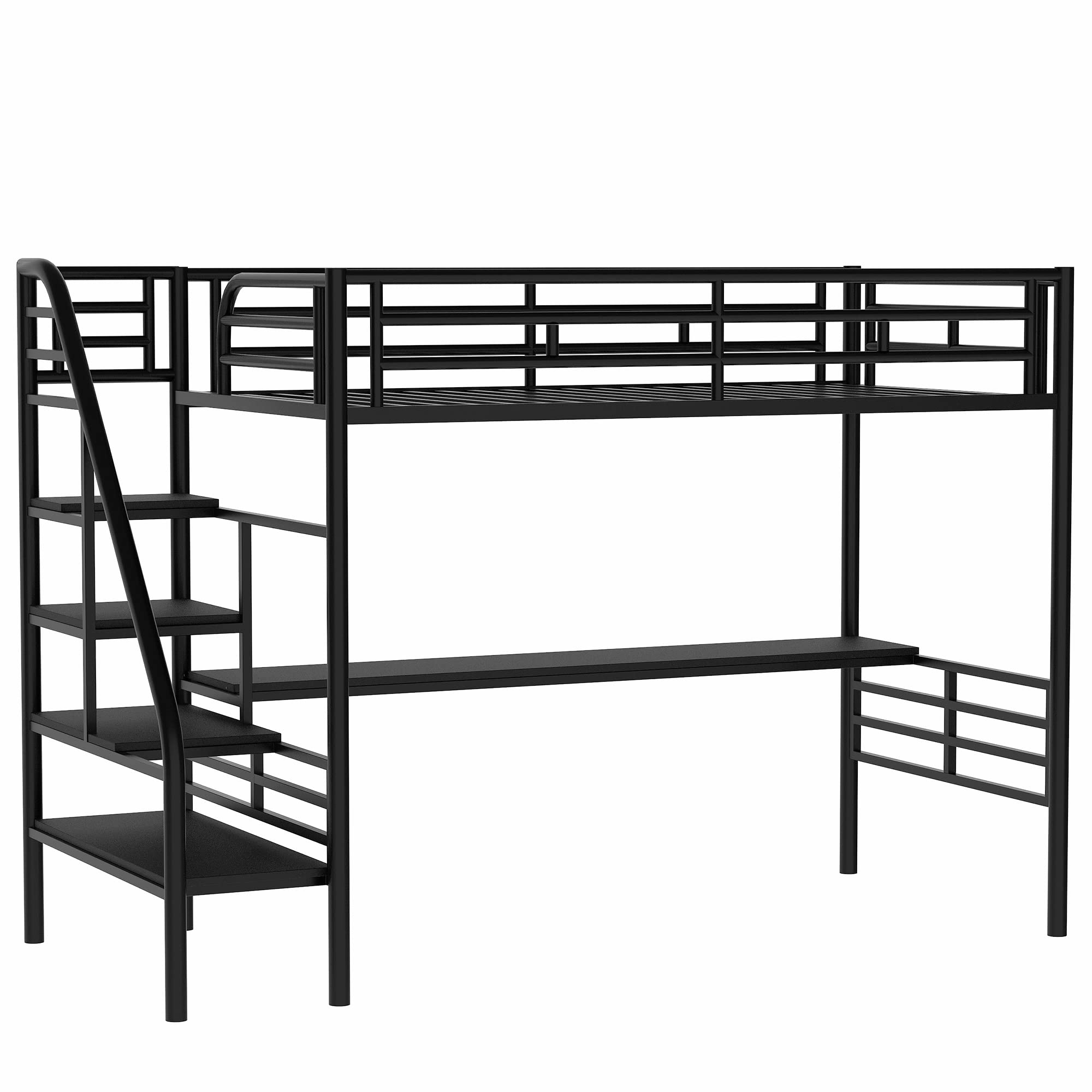 **Twin Size Loft Bed with Storage Stairs, Desk & Shelves - Heavy Duty Metal High Loft Bed with Lockers for Kids, Teens & Adults - Perfect for Small Spaces, Dorms & Apartments - Black**