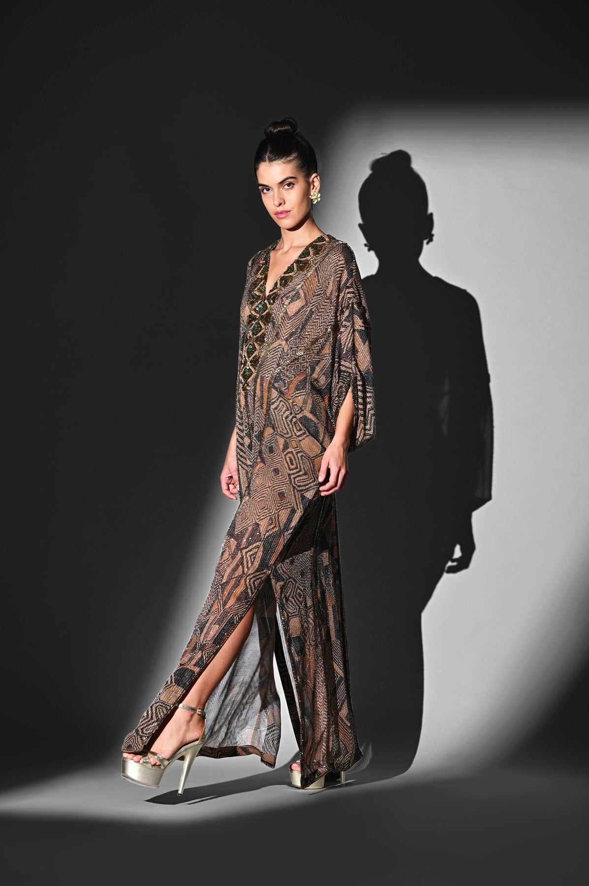 Elegant Brown Geometric Print Kaftan with Baroque Hand Embroidery - Perfect for Beach Cover-Up, Boho Chic Outfits & Summer Vacation Wear