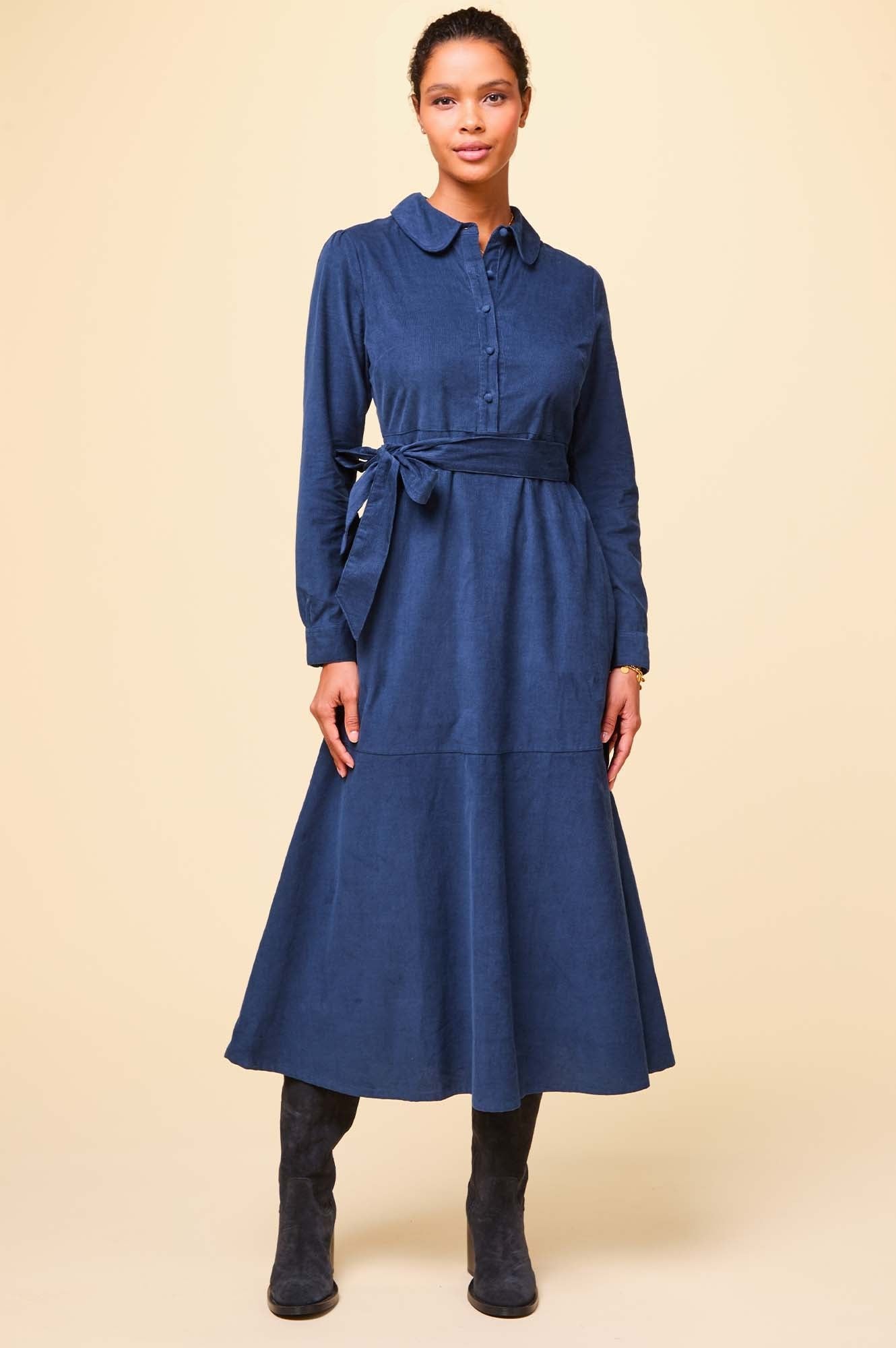 Marissa Corduroy Dress for Women - Soft Stretch Navy Blue Corduroy A-Line Dress with Pockets | Perfect for Fall Winter, Office Wear, Casual Outings and Date Nights