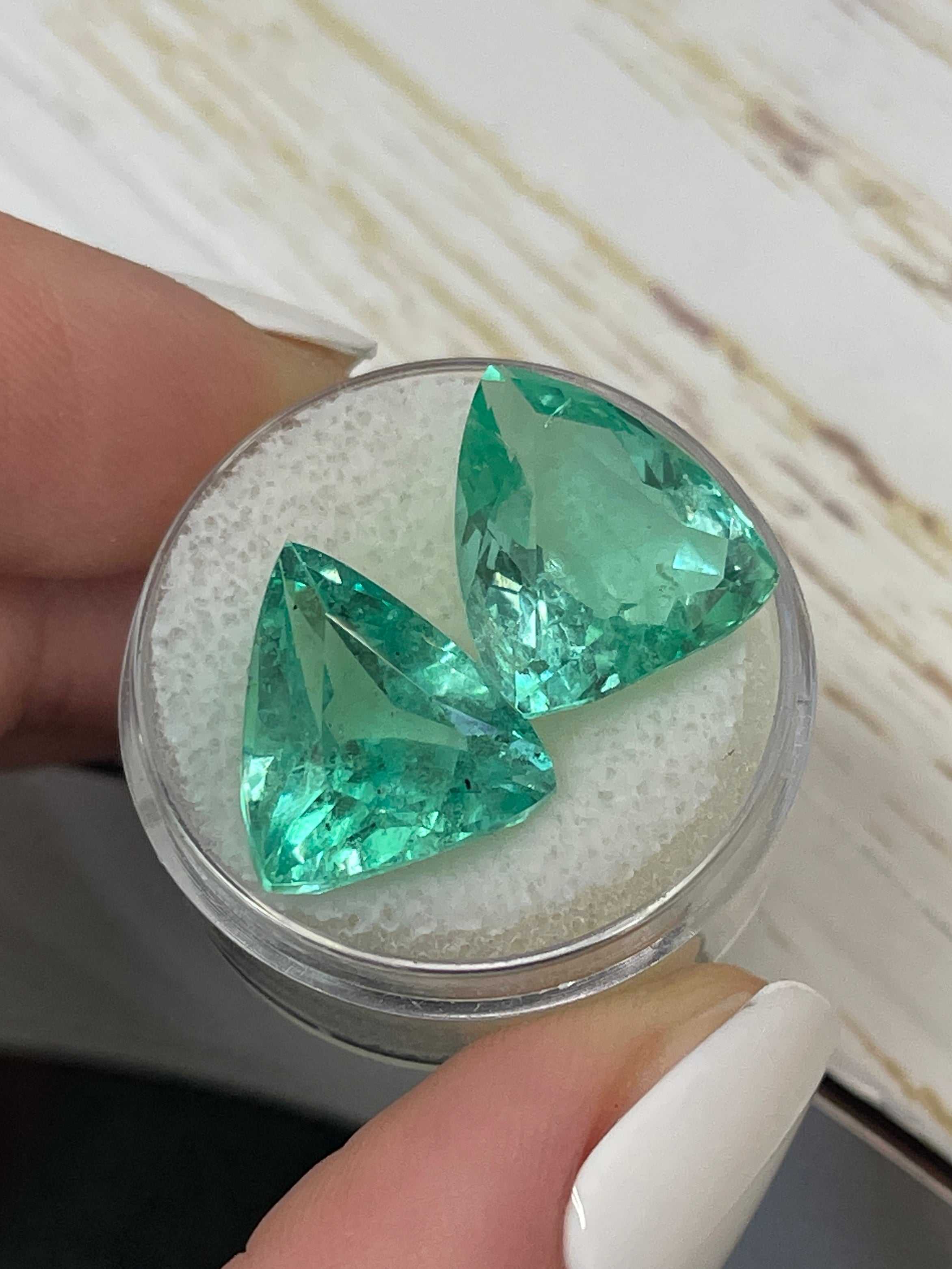 15.76tcw Natural Colombian Emerald Loose Gemstones - Matching Pair 15x13mm Green Trillion Cut for Jewelry Making, Engagement Rings & Custom Designs