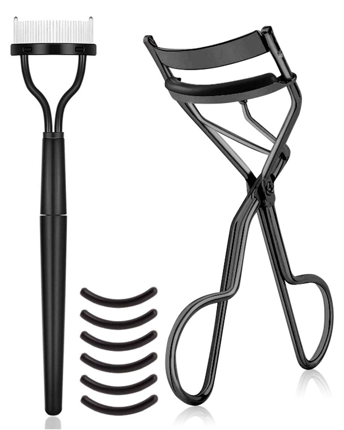 Premium Metal Eyelash Curler Kit with Lash Separator Comb & 6 Replacement Pads - Black | Professional Lash Curling Tool for Salon, Home & Travel Use