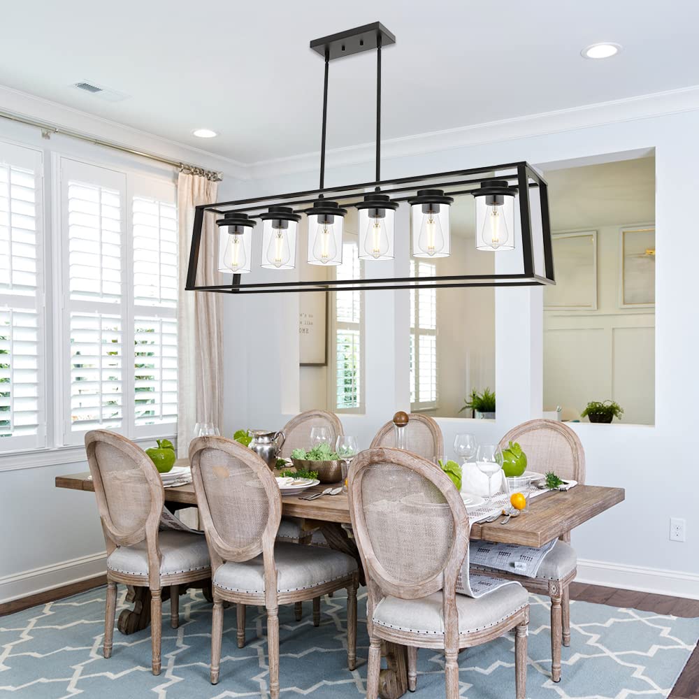 6-Light Linear Pendant Light Fixture with Clear Glass Shade - Farmhouse Black Frame Chandelier for Kitchen Island, Dining Room - Perfect for Modern Farmhouse, Rustic & Industrial Home Decor