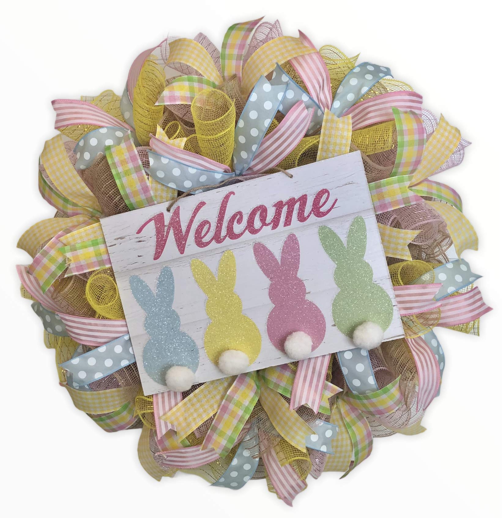 Easter Spring Welcome Wreath - Floral Door Hanger & Wall Decor with Burlap Bow | Home & Front Door Decoration for Easter Holiday | Free Shipping